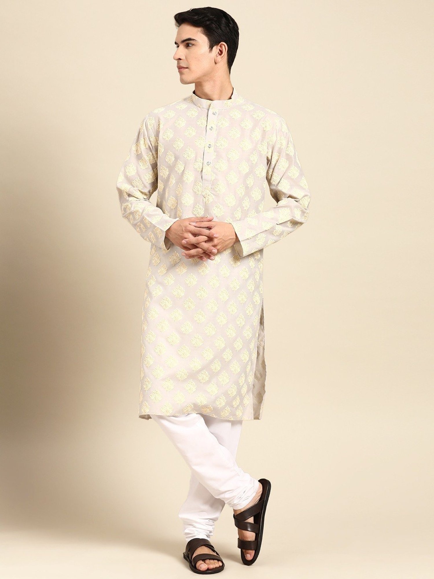 ManQ Grey Regular Fit Self Pattern Kurta