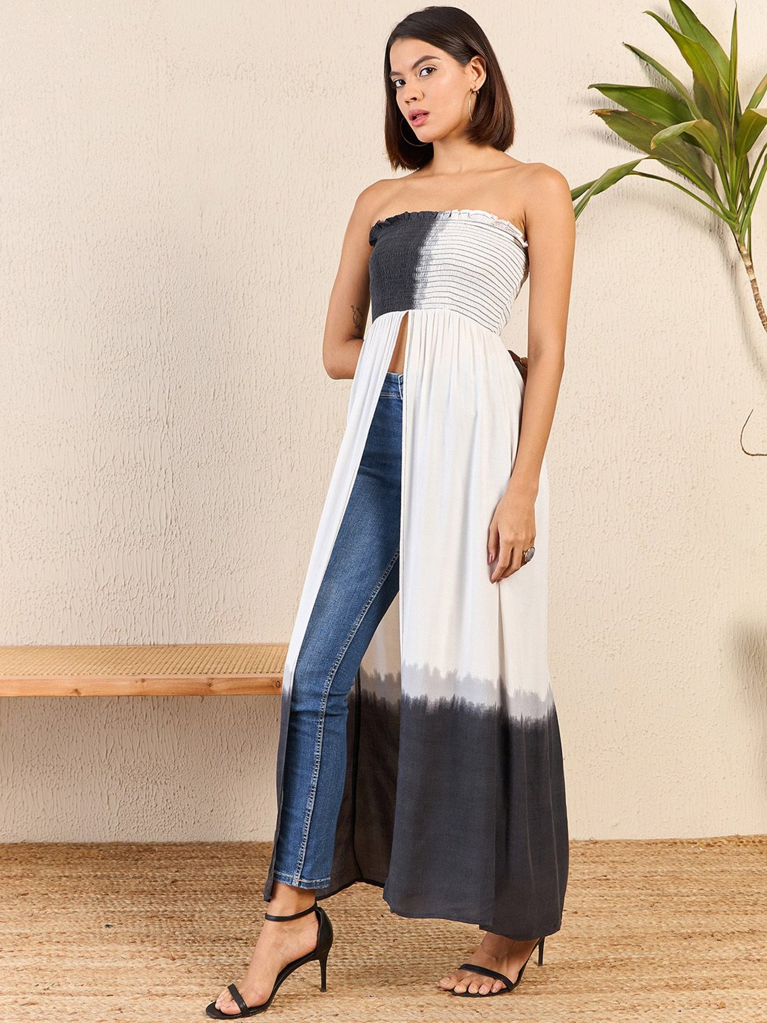 Marie Claire Off White & Black Color-Block Long Top