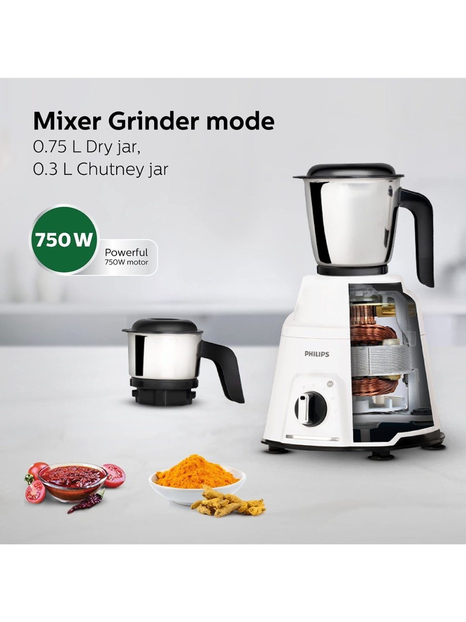 Philips HL776300, 750 3 in 1 Watt Mixer Grinder, Juicer, Food Processor (White, 4 Jar)