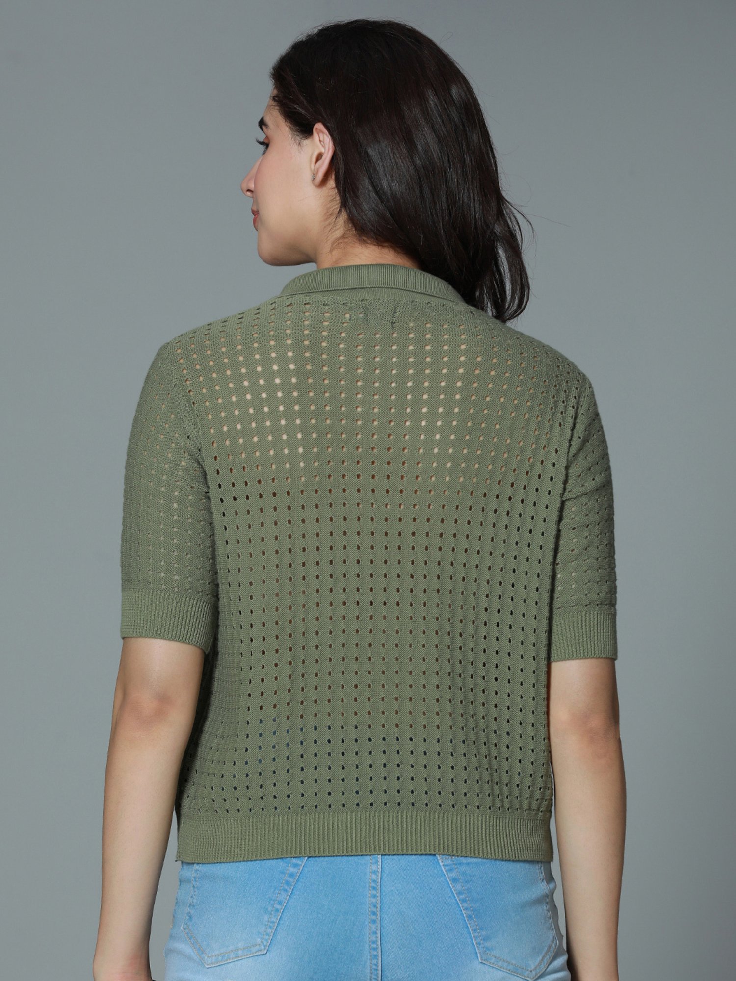 High Star Green Cotton Self Design Top