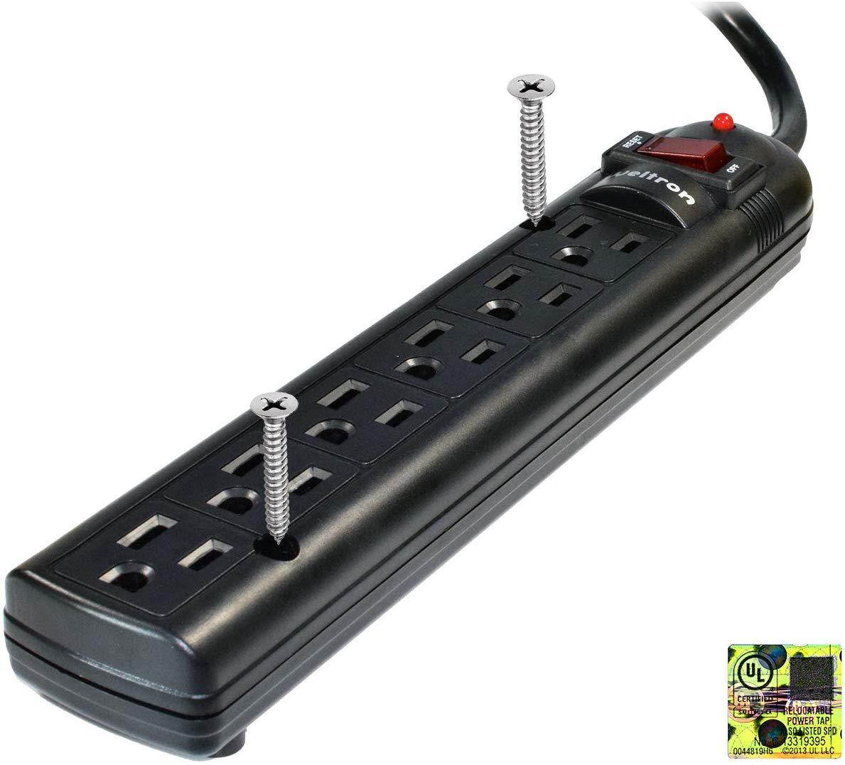 Weltron - Wall Mount 6 Outlet Surge Protector Power Strip 10 ft. Black (WSP-600PLF-10BK)