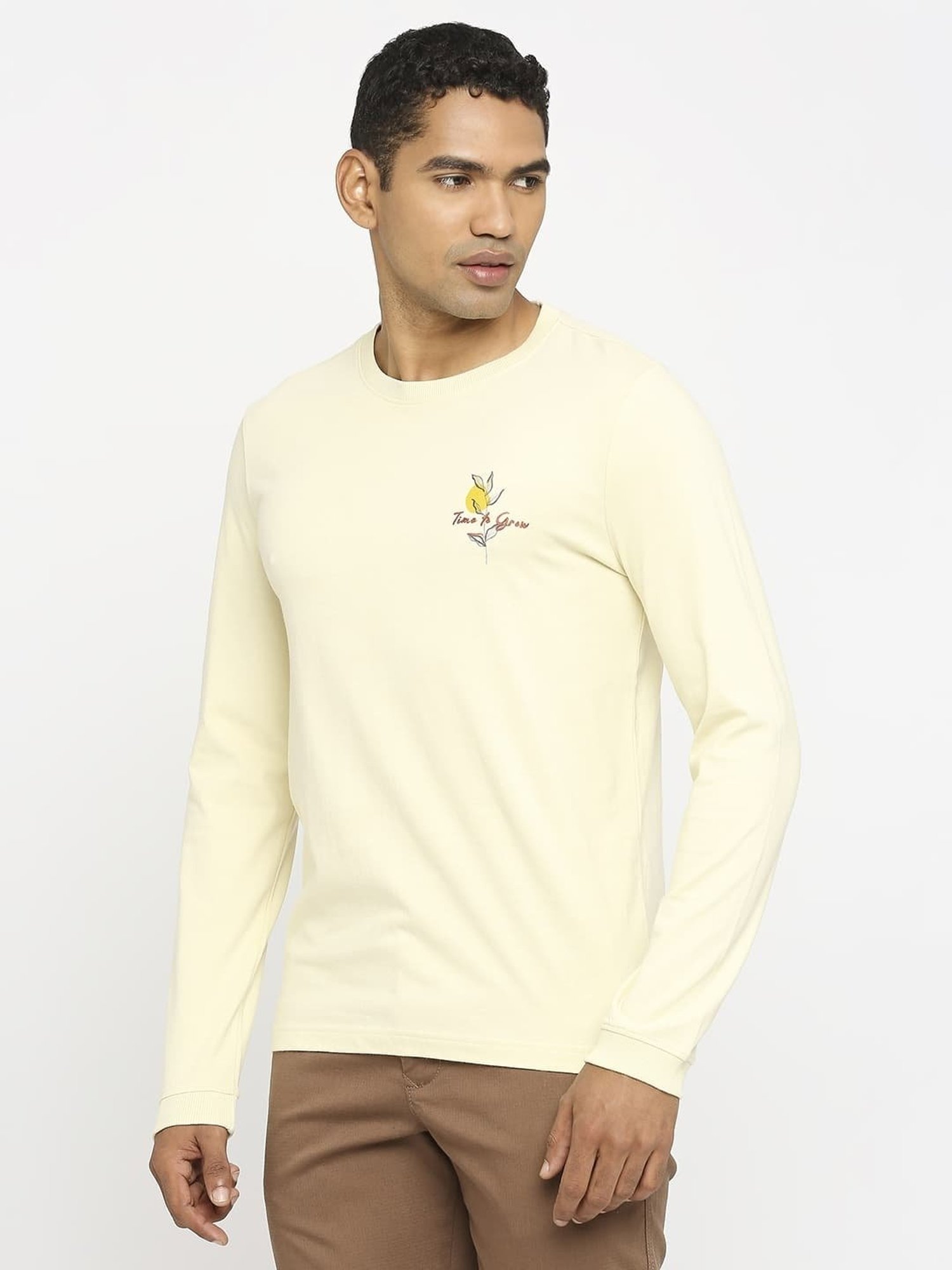 Basics Beige Cotton Muscle Fit Printed T-Shirt