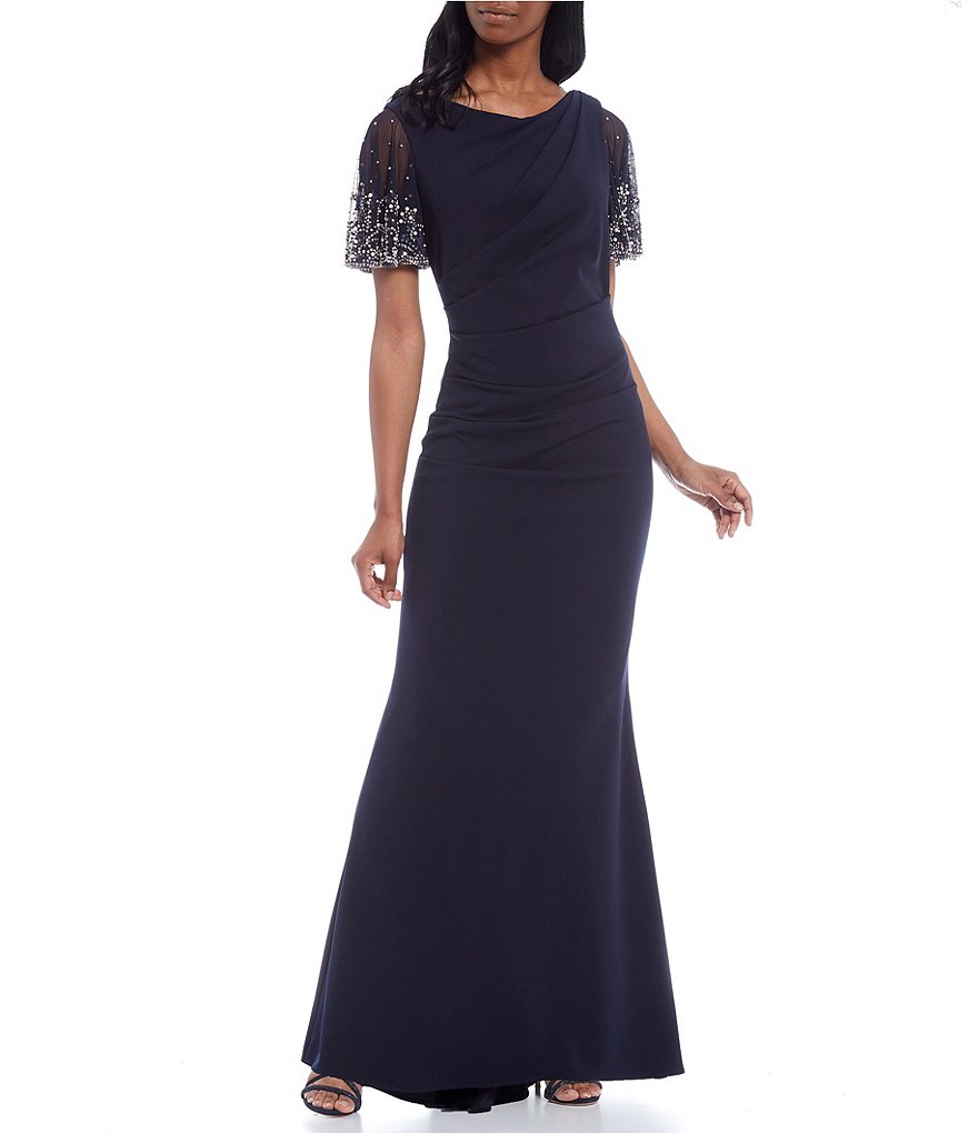 Betsy & Adam Beaded Flutter Sleeve Scuba Crepe Gown