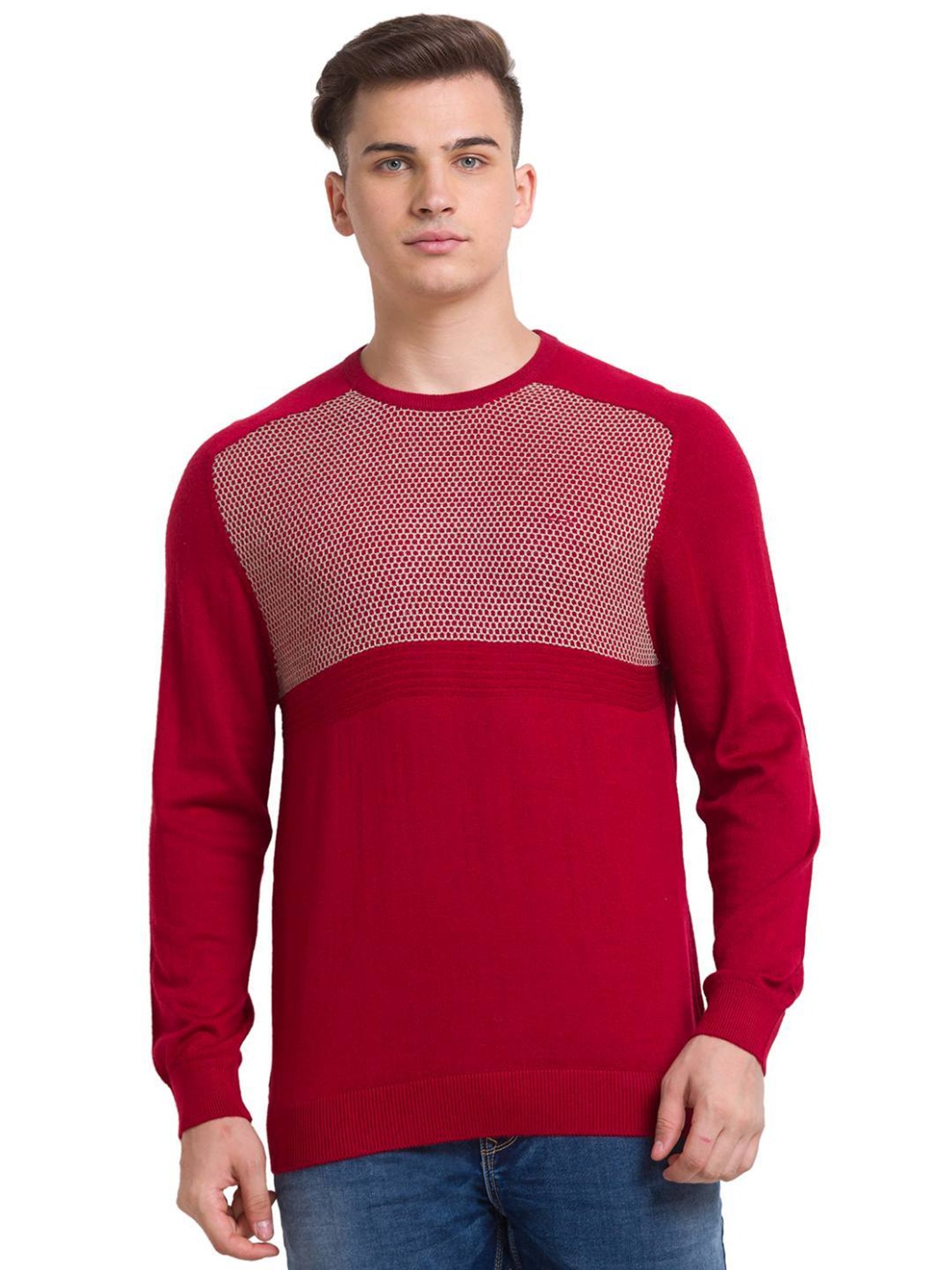 ColorPlus Red Tailored Fit Self Pattern Sweater
