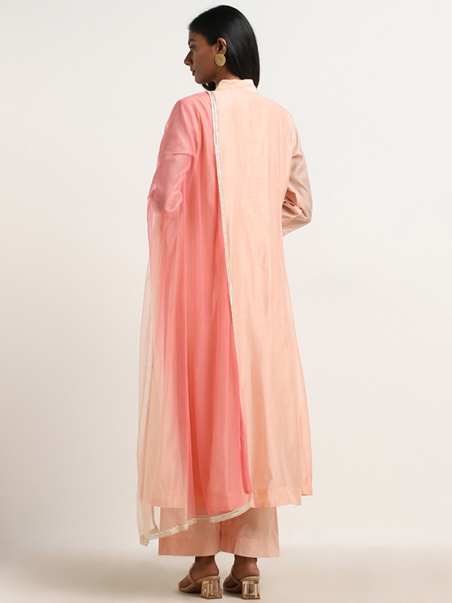 Vark by Westside Peach Floral Embroidered Kurta, Palazzos & Dupatta Set