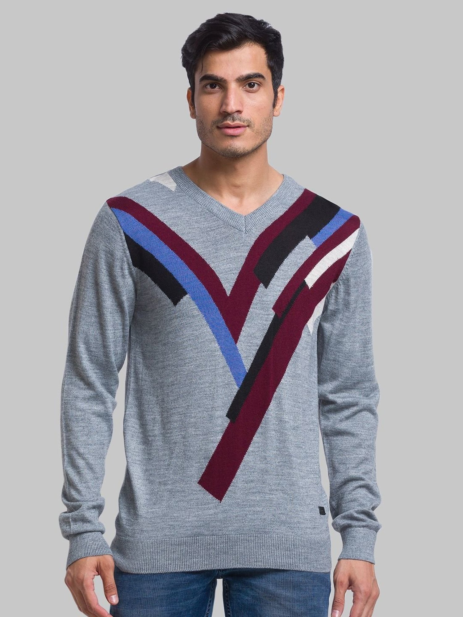 Parx Grey Regular Fit Printed Sweater