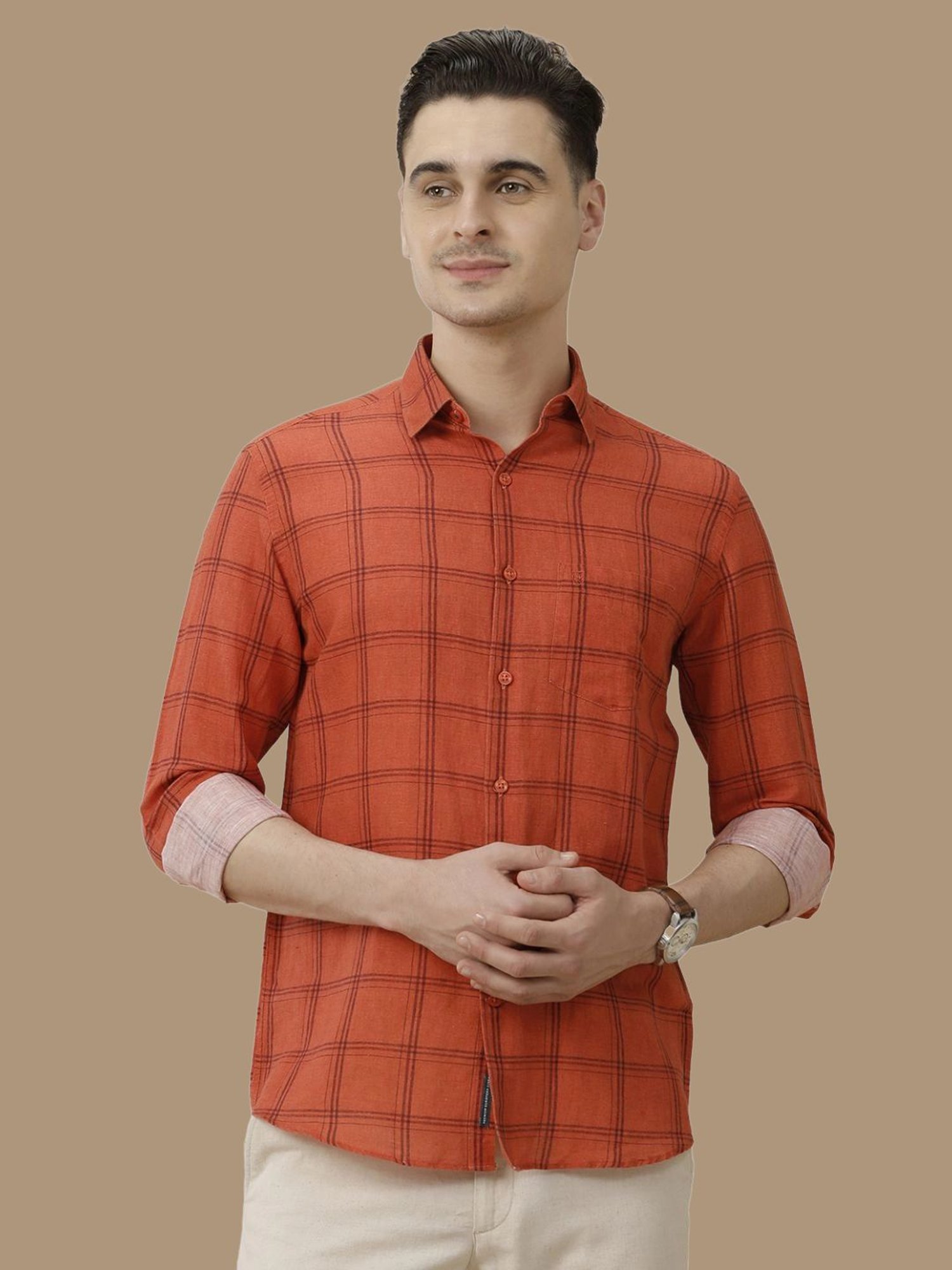 Linen Club Orange Linen Contemporary Fit Checks Shirt