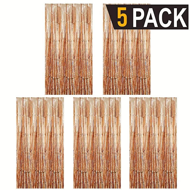 32 ft x 98 ft Metallic Tinsel Foil Fringe Curtains for Party Photo Backdrop Wedding Decor 5 PacksChampagne Gold