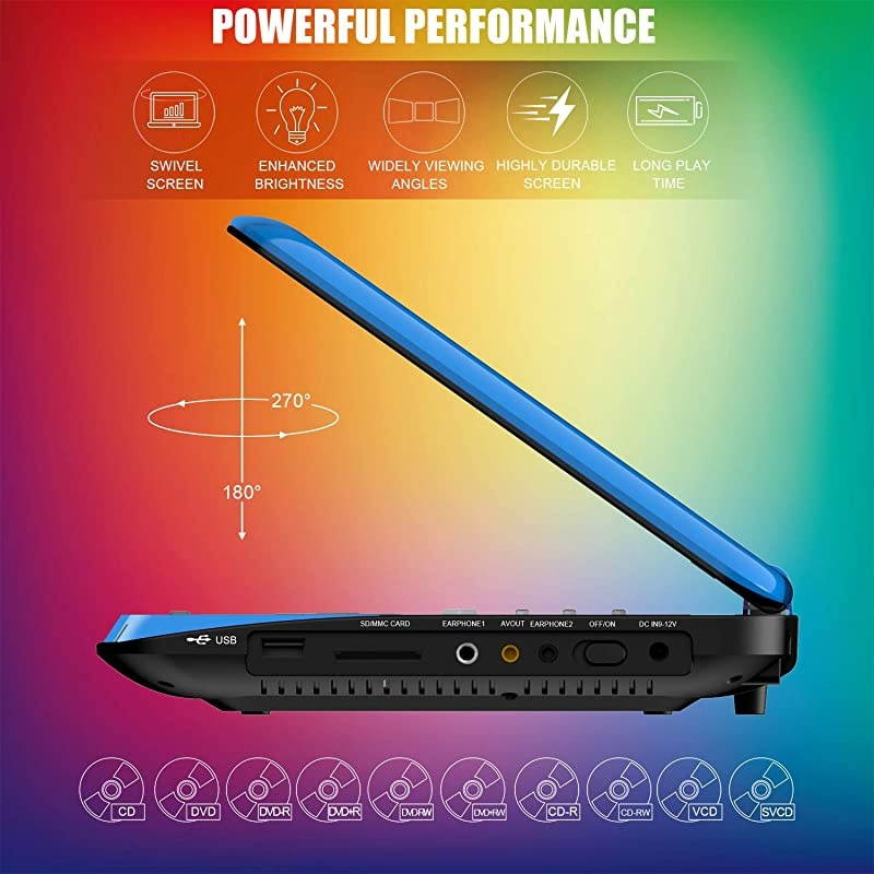 125 Portable DVD Player for Car and Kids with Headrest Mount 101 HD Screen 5 Hours Rechargeable Battery Remote Control Car Charger Wall Charger Region Free Ideal for Road Trip Blue