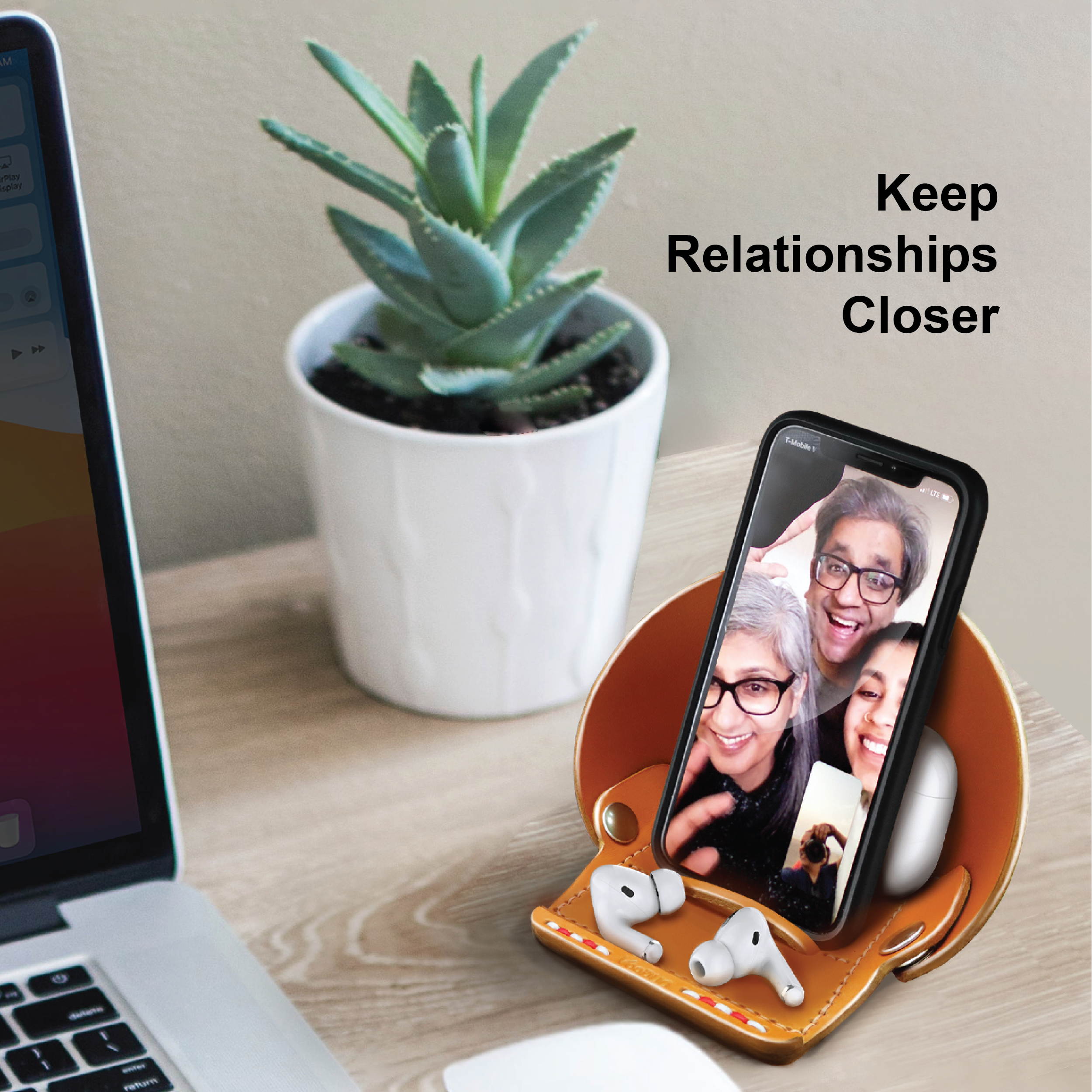 VogDUO- Genuine Leather Stand, MagSafe Charger cable-secured design, Foldable, lightweight, multi-angle, Compatible with iPhone 8 to iPhone 12 Pro Max, Google Pixel, Samsung Galaxy