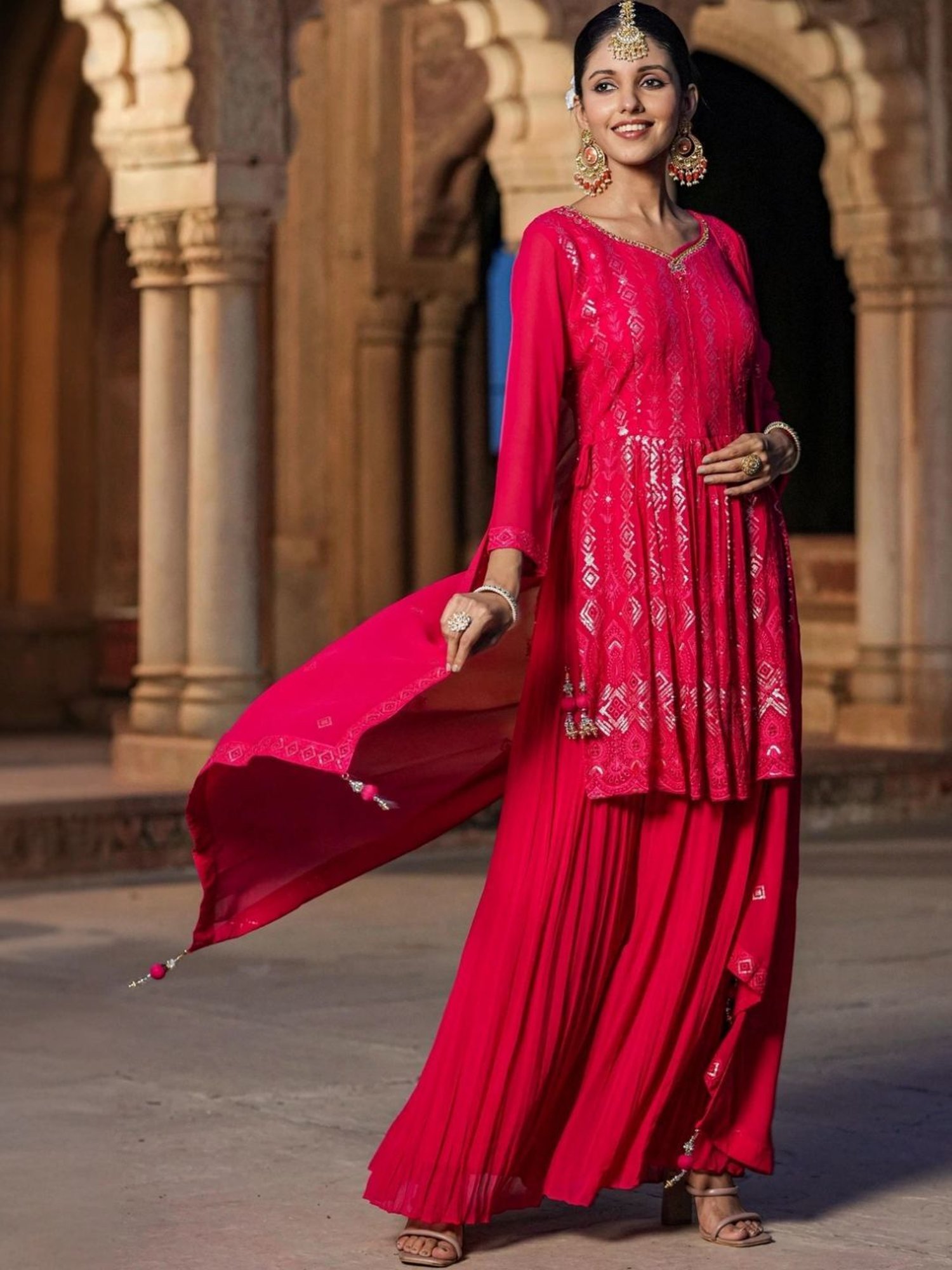 Scakhi Red Georgette Sequin Embroidered Suit Set Tunic With Palazzo And Dupatta