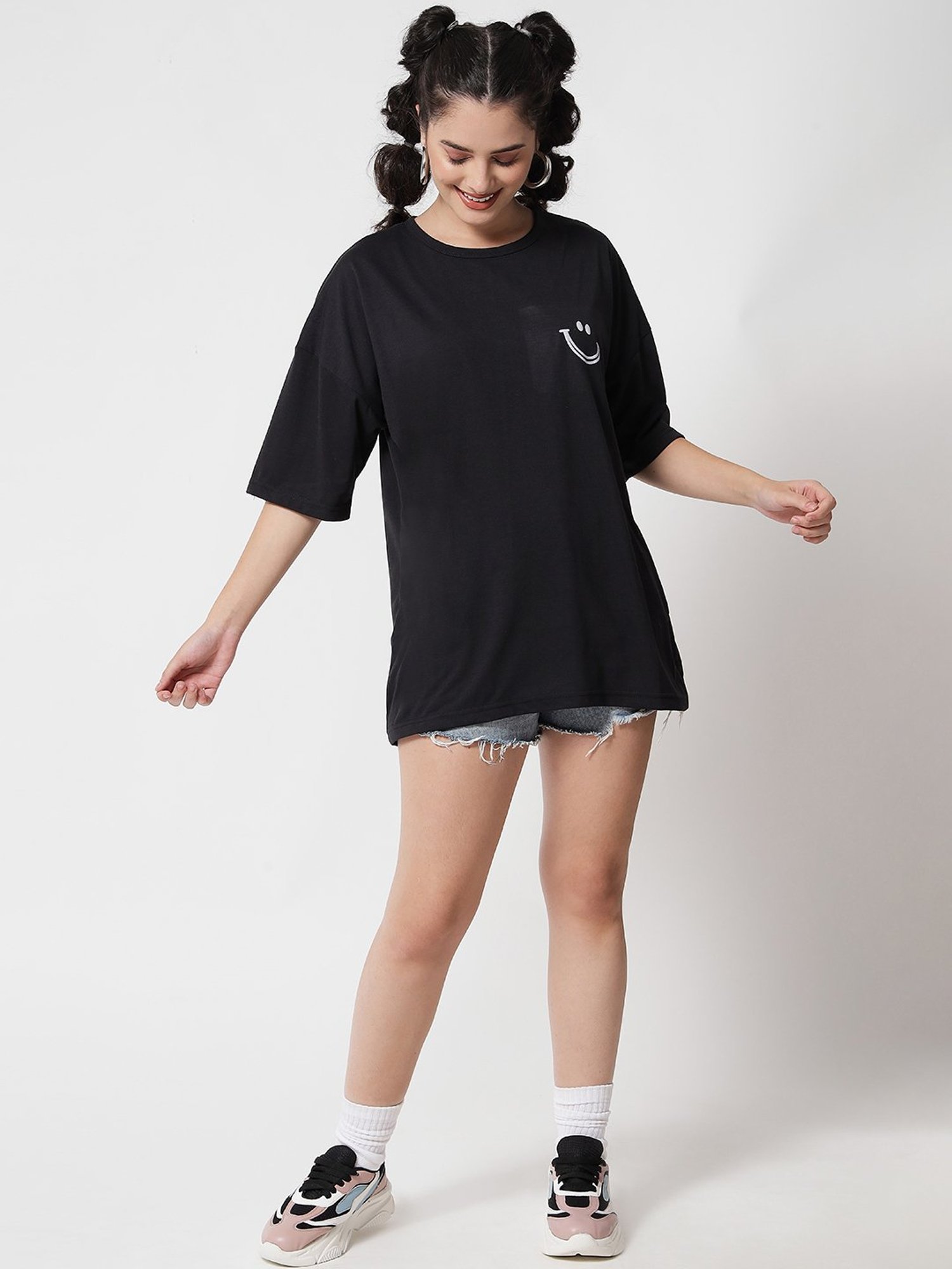 Kotty Black Round Neck Printed T-Shirt