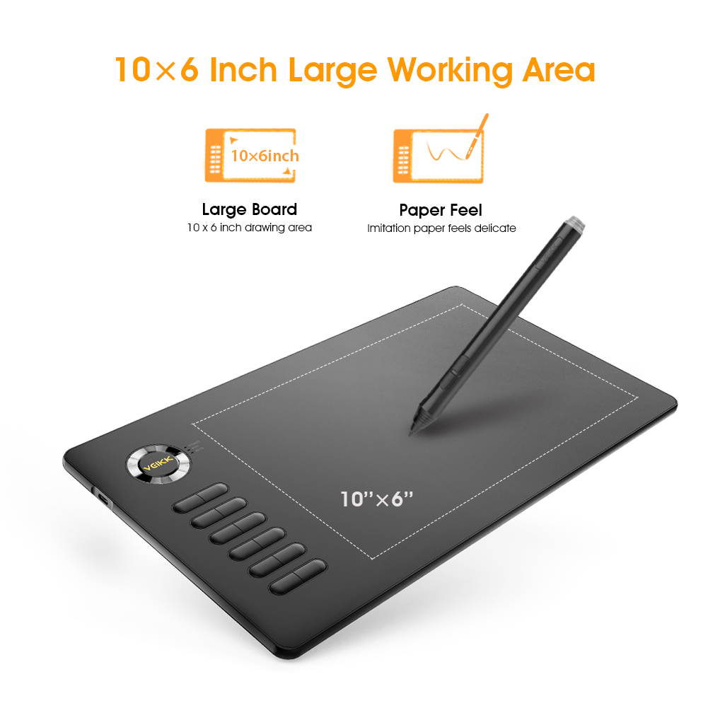 VEIKK A15 10x6 inch Digital Graphics Drawing Tablet Drawing Pen Tablet with Battery-Free Passive Stylus and 12 Shortcut Keys,20 Nibs and 1 Artist Glove (8192 Levels Pressure)