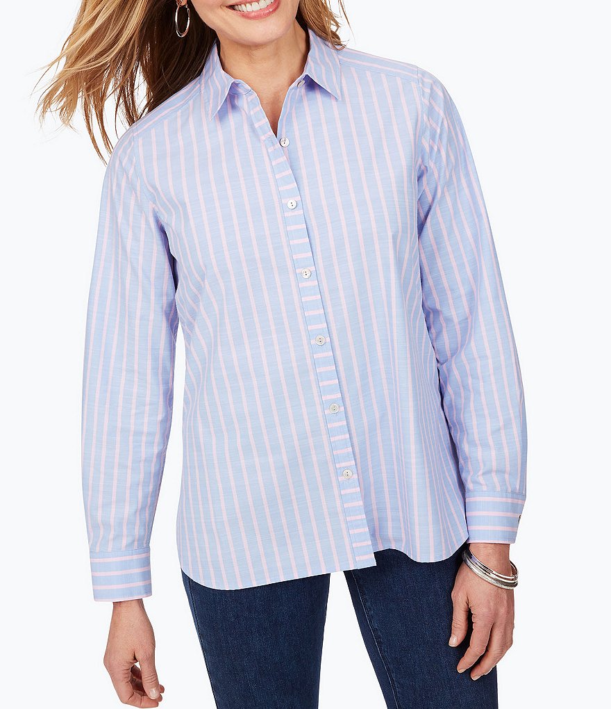 Foxcroft Anya Boyfriend Striped Button Front Shirt