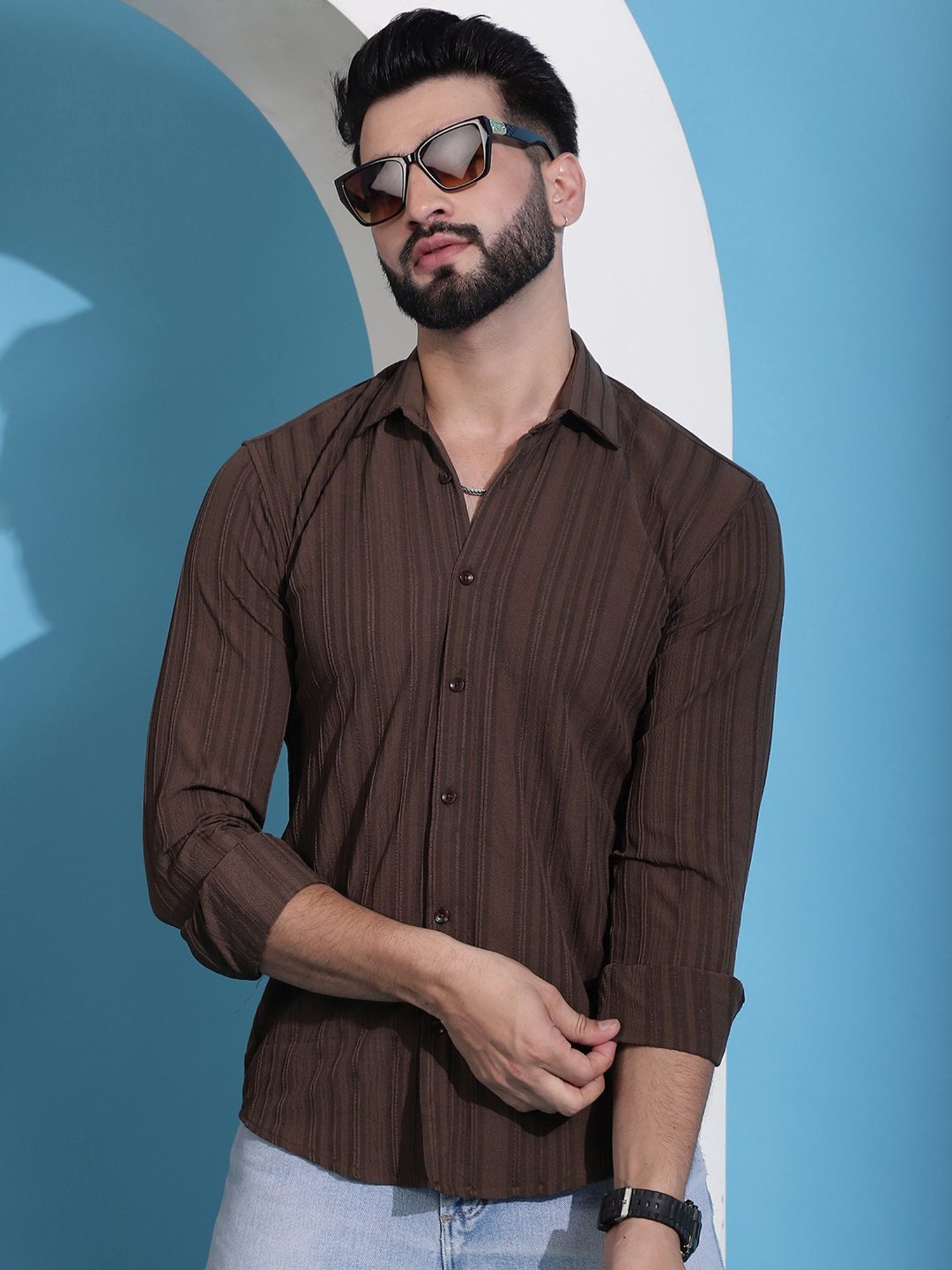 Indian Needle Coffee Regular Fit Striped Shirt