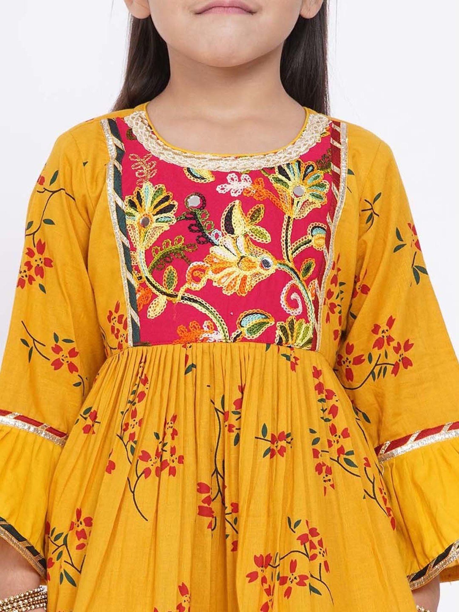 Little Bansi Kids Yellow & Red Cotton Floral Print Full Sleeves Kurta Set
