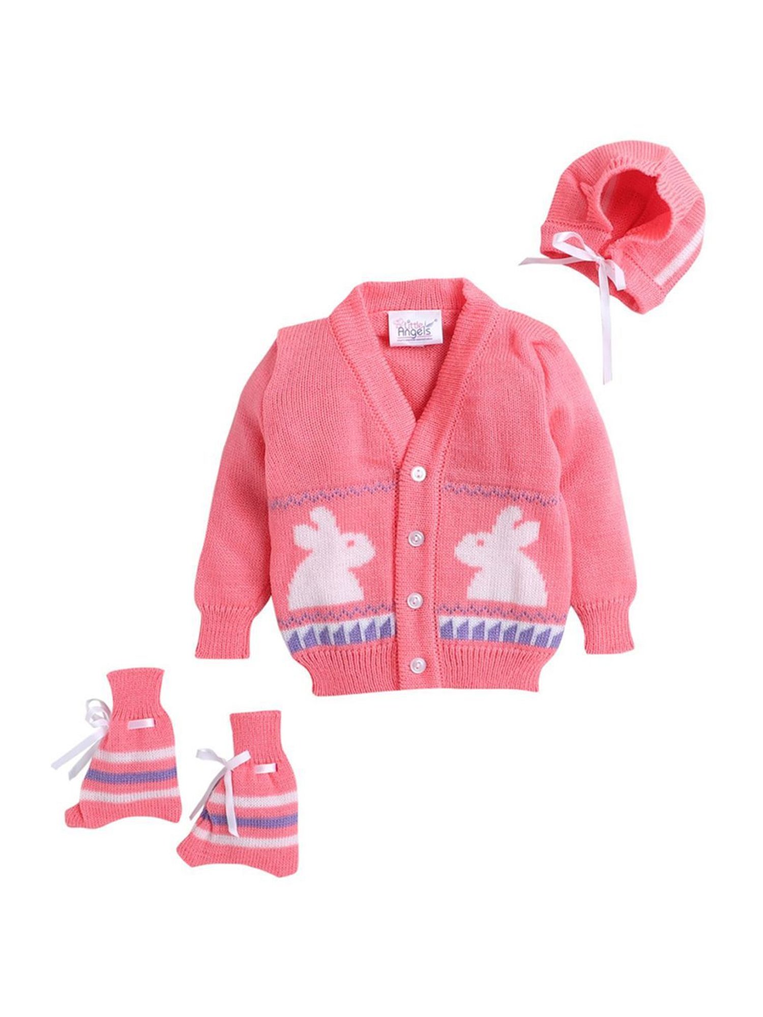 Little Angels Kids Pink & White Printed Full Sleeves Sweater Set