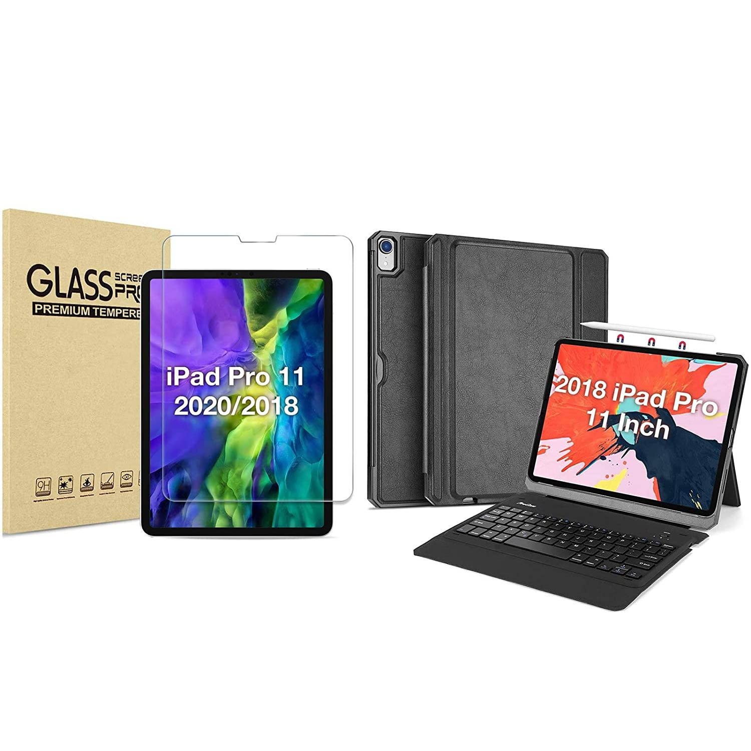 ProCase iPad Pro 11 Screen Protector 2020 2018 Bundle with iPad Pro 11 Keyboard Case 2018, Detachable Wireless Keyboard Case with Kickstand
