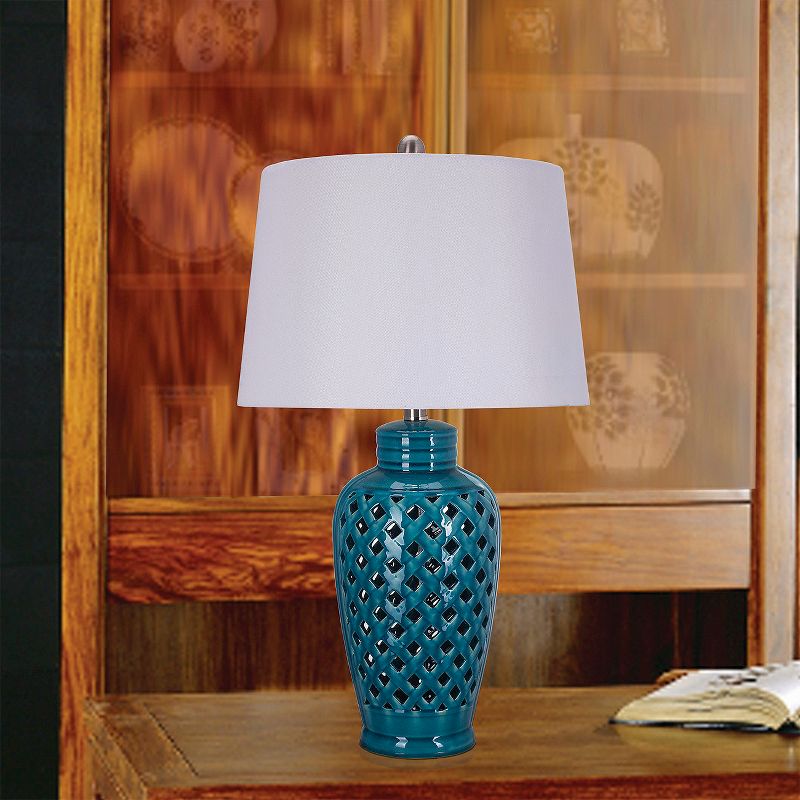 Ceramic Table Lamp with Lattice Design - Blue (26")