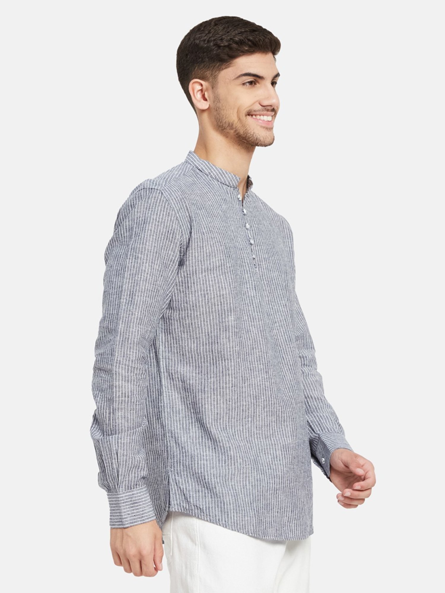 METTLE Grey Cotton Regular Fit Striped Shirt