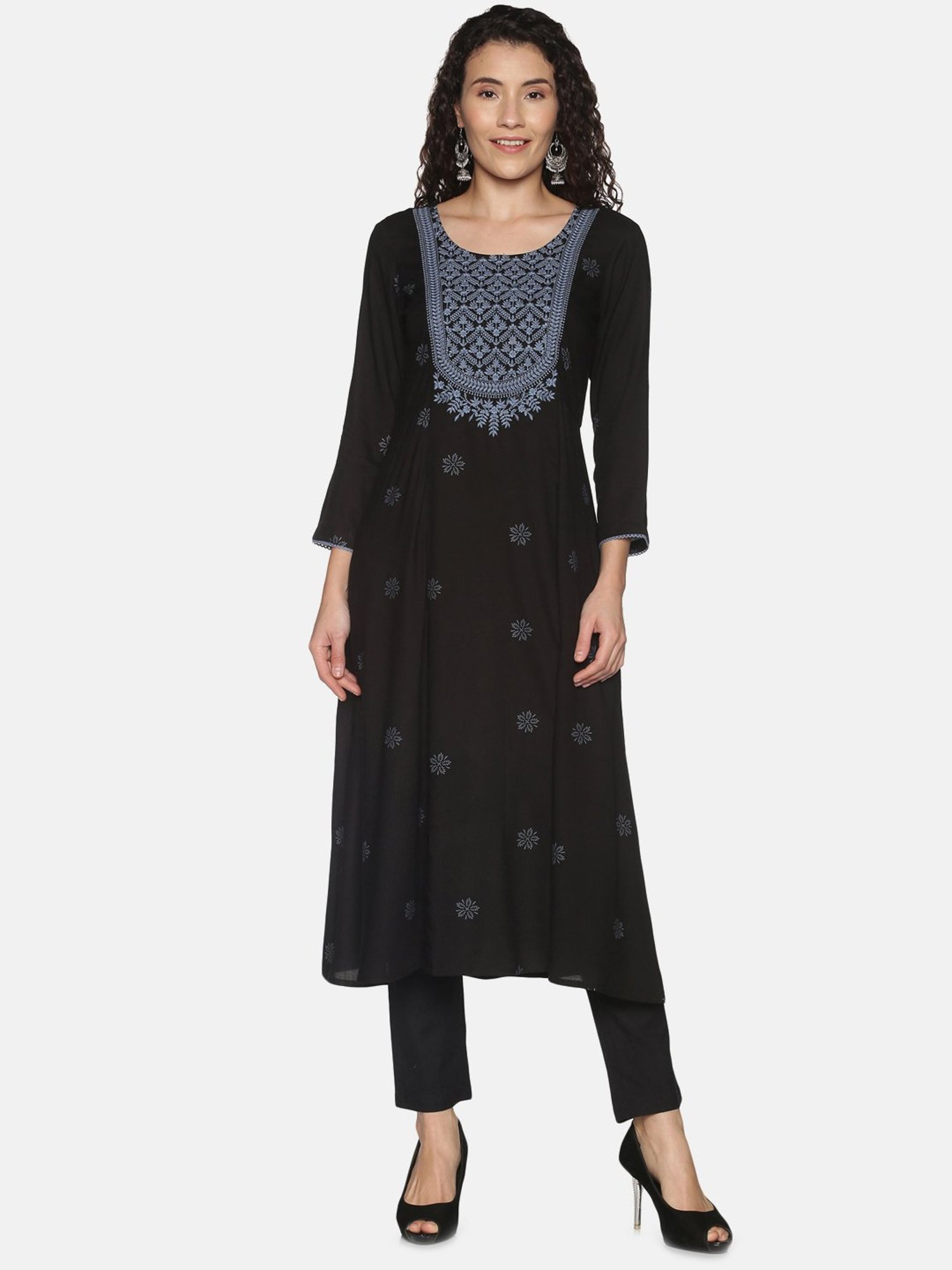 Saffron Threads Black Embroidered A Line Kurta