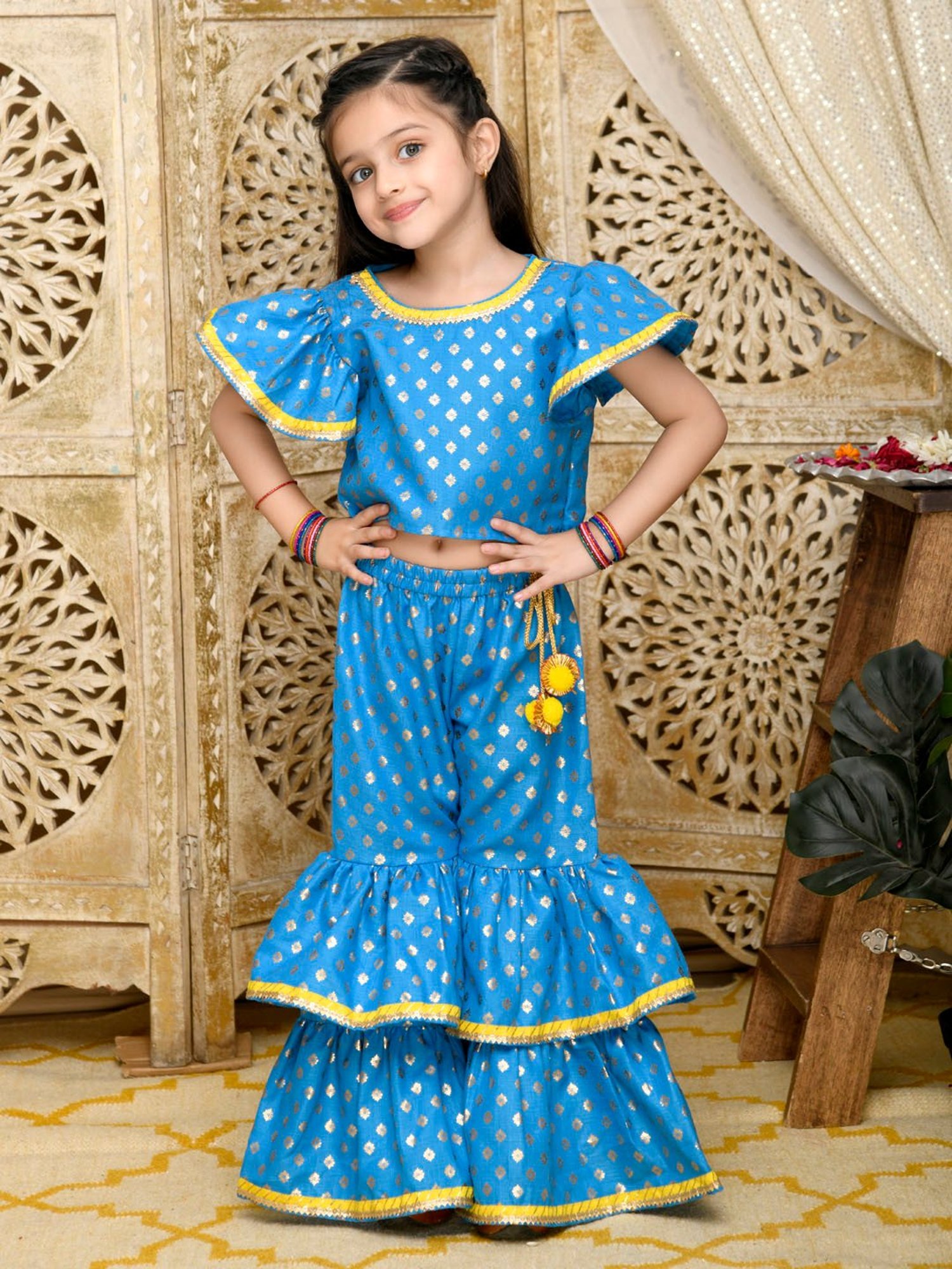 Saka Designs Kids Blue & Gold Printed Top with Sharara