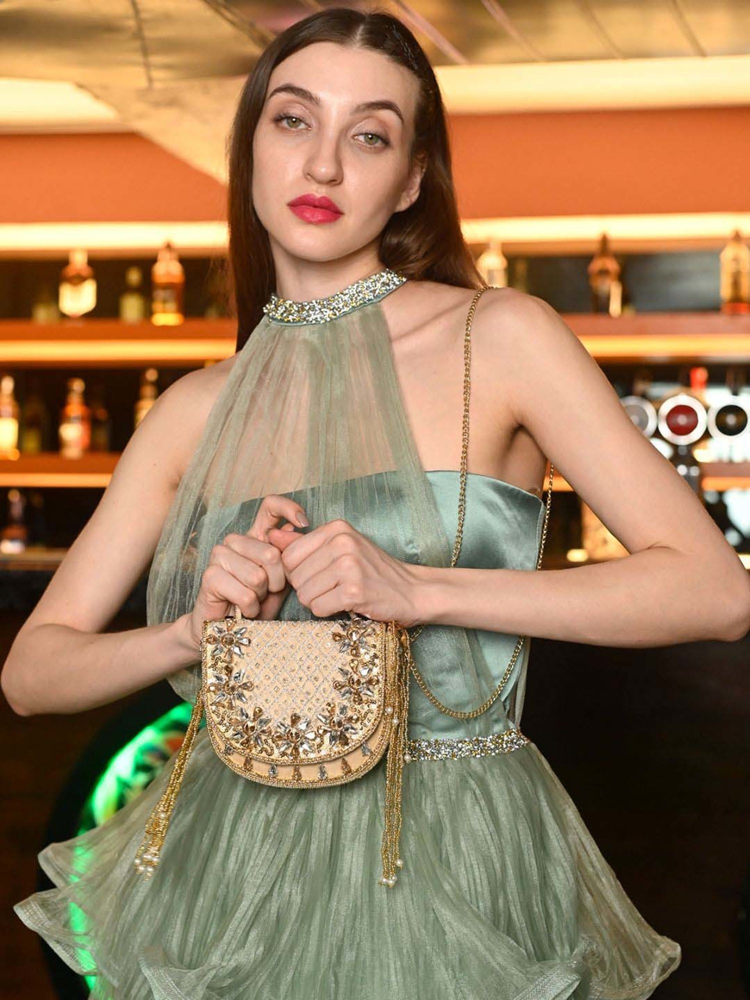 Odette Beige Embellished Handbag