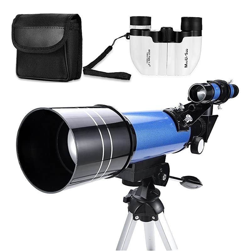 70mm Refractor Telescope + 8X21 Compact HD Binoculars for Kids and Astronomy Beginners, Travel Telescope for Moon Stars Viewing Bird Watching Sightseeing