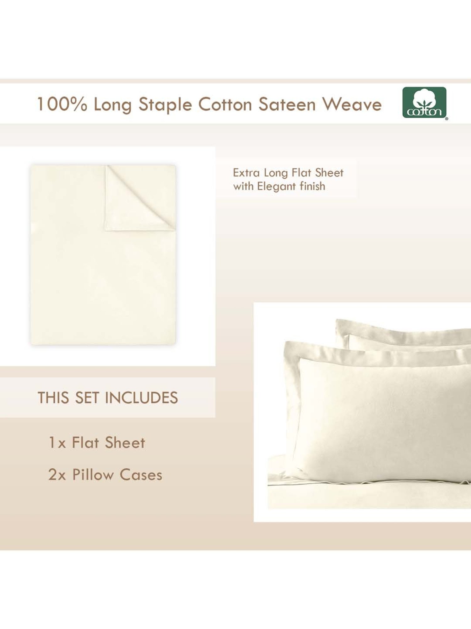 Pizuna 400TC 100% Cotton Newivory Flat Bed Sheet Super King Size With 2 Pillow Cover