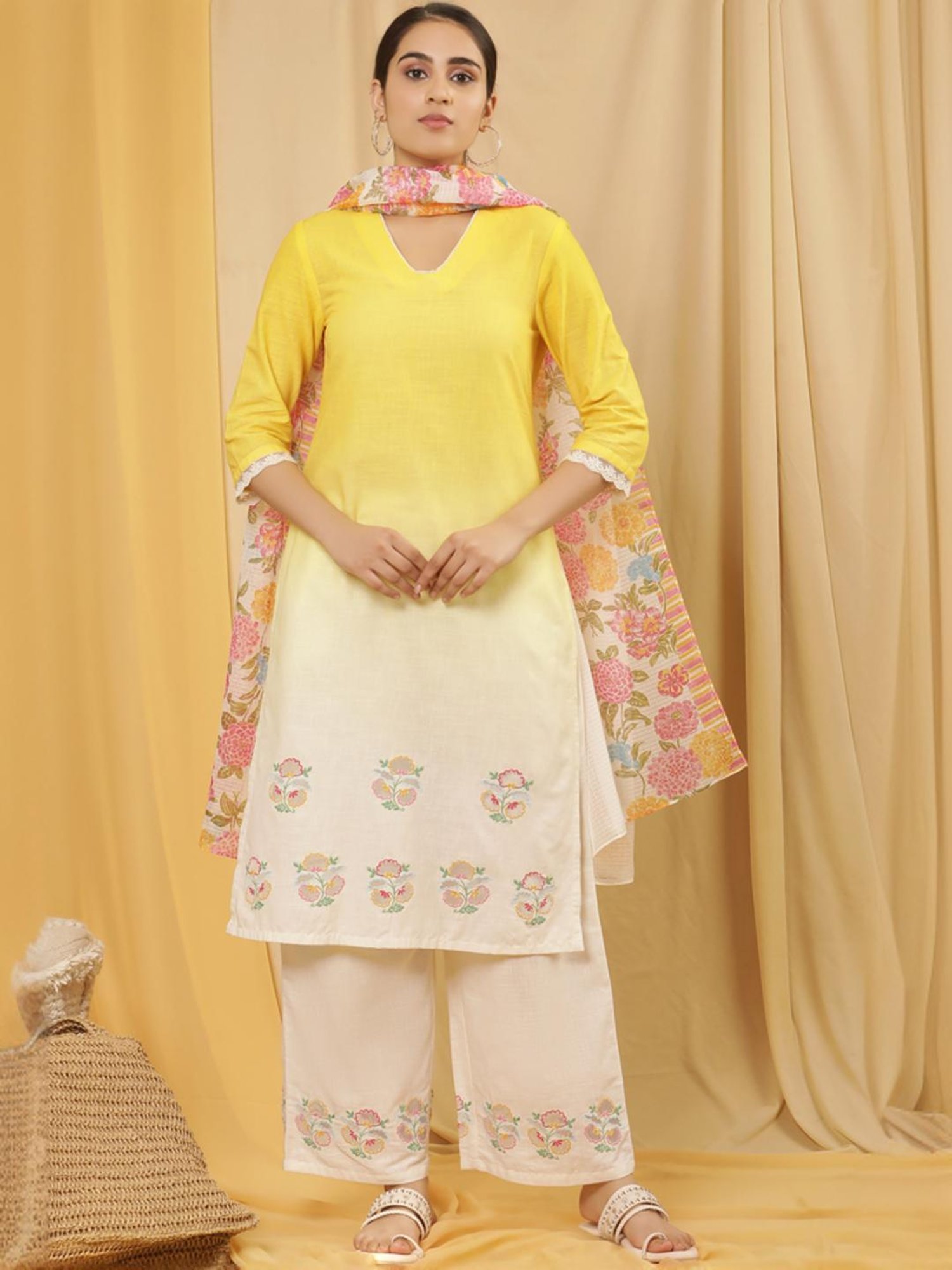 W Yellow & White Cotton Embroidered Kurta Palazzo Set With Dupatta