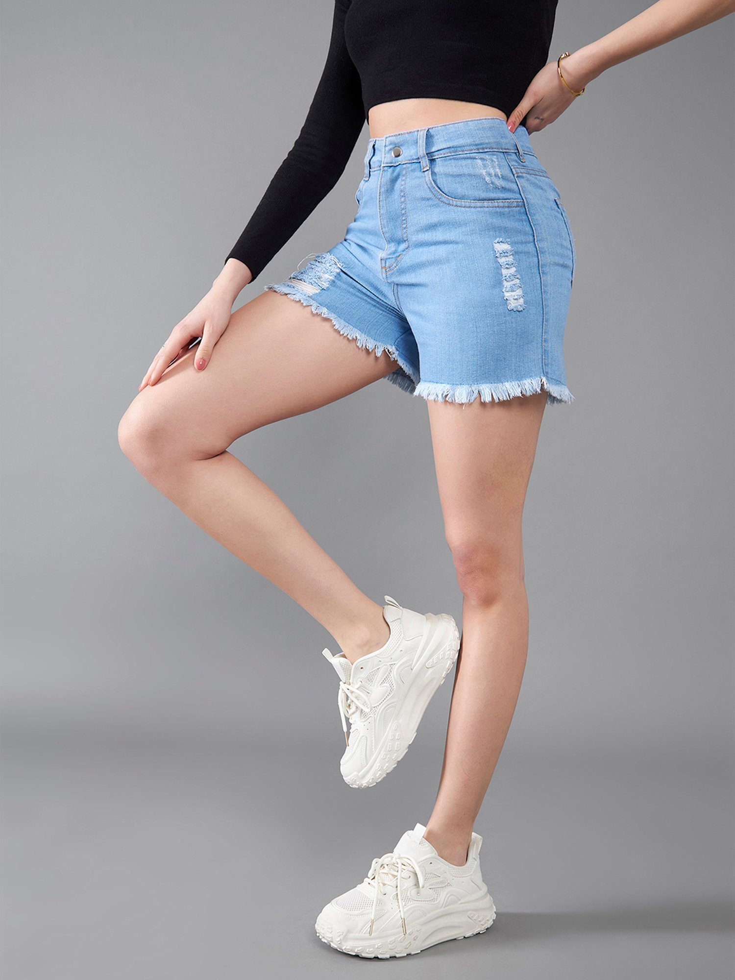 DOLCE CRUDO Blue Denim Distressed Mid Rise Shorts