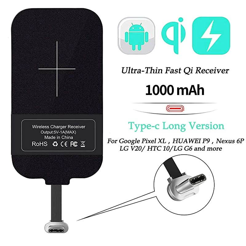 Qi Receiver USB C, Thin Wireless Charging Receiver, Type C Wireless Charger Receiver for Galaxy Note 8 Pro/A50/A70/A10s/Xiaomi Note 8/Huawei P30 and Other Type-C Android Phones(Long Version)