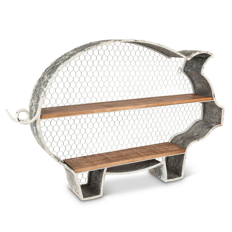 Lone Elm Studios Tin-Framed Piglet Wall or Standing Shelf with Painted Frame and Chicken Wire Back