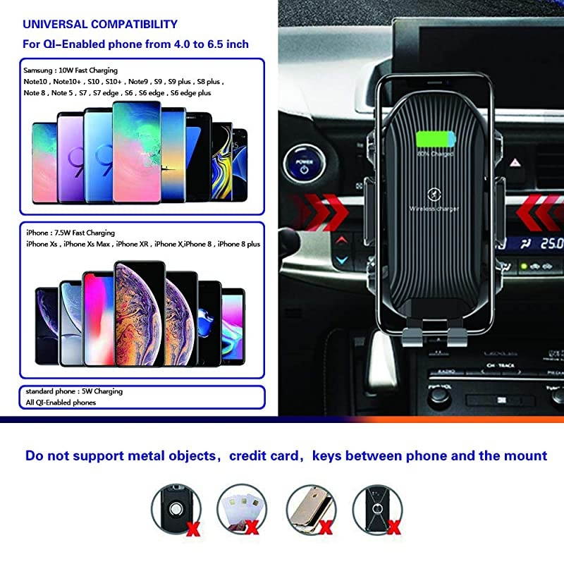 Wireless Car Charger, 10W Qi Fast Charging Auto Clamping Mount,Dashboard Air Vent Phone Car Holder Compatible iPhone 11/11 Pro Max/Xs MAX/XS/XR/X/8/8+,Samsung S10/S10+/S9/S9+/S8/S8+ (Black)