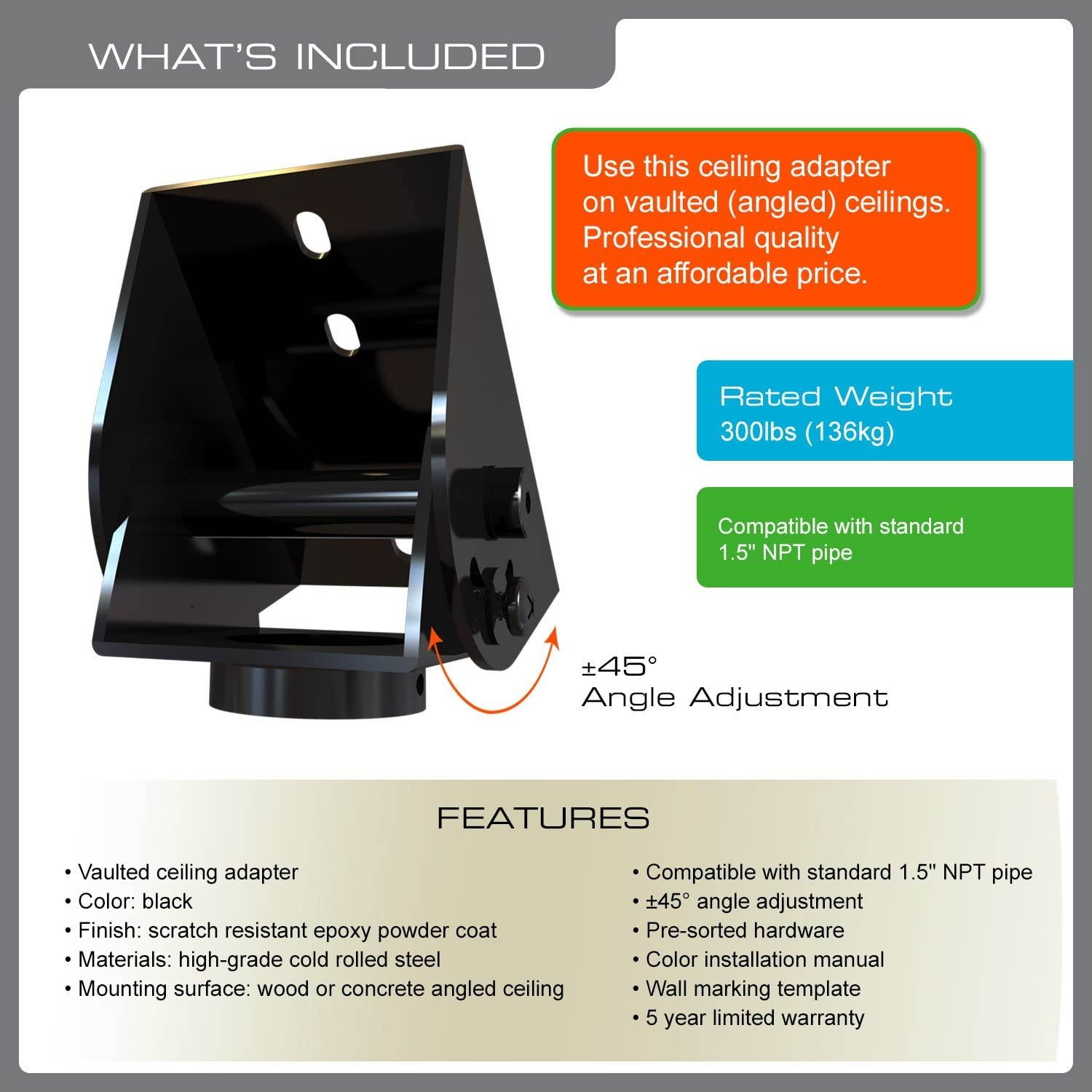 QualGear QG-PRO-PM-VCA-B Pro-AV Sloped Ceiling Adapter for 1.5" Npt Threaded Pipe Projector Accessory
