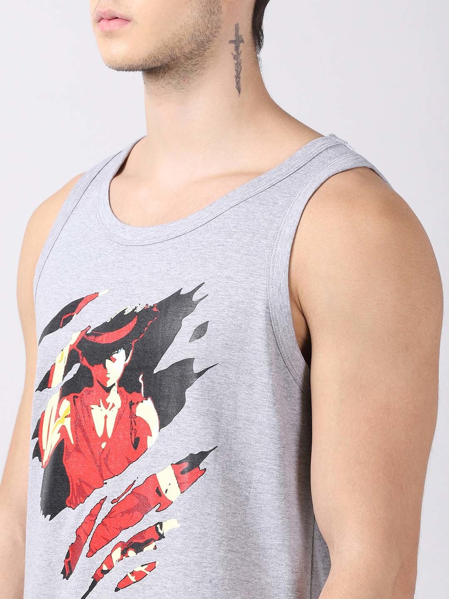 Bushirt Anime Dark Grey Printed Cotton Vest