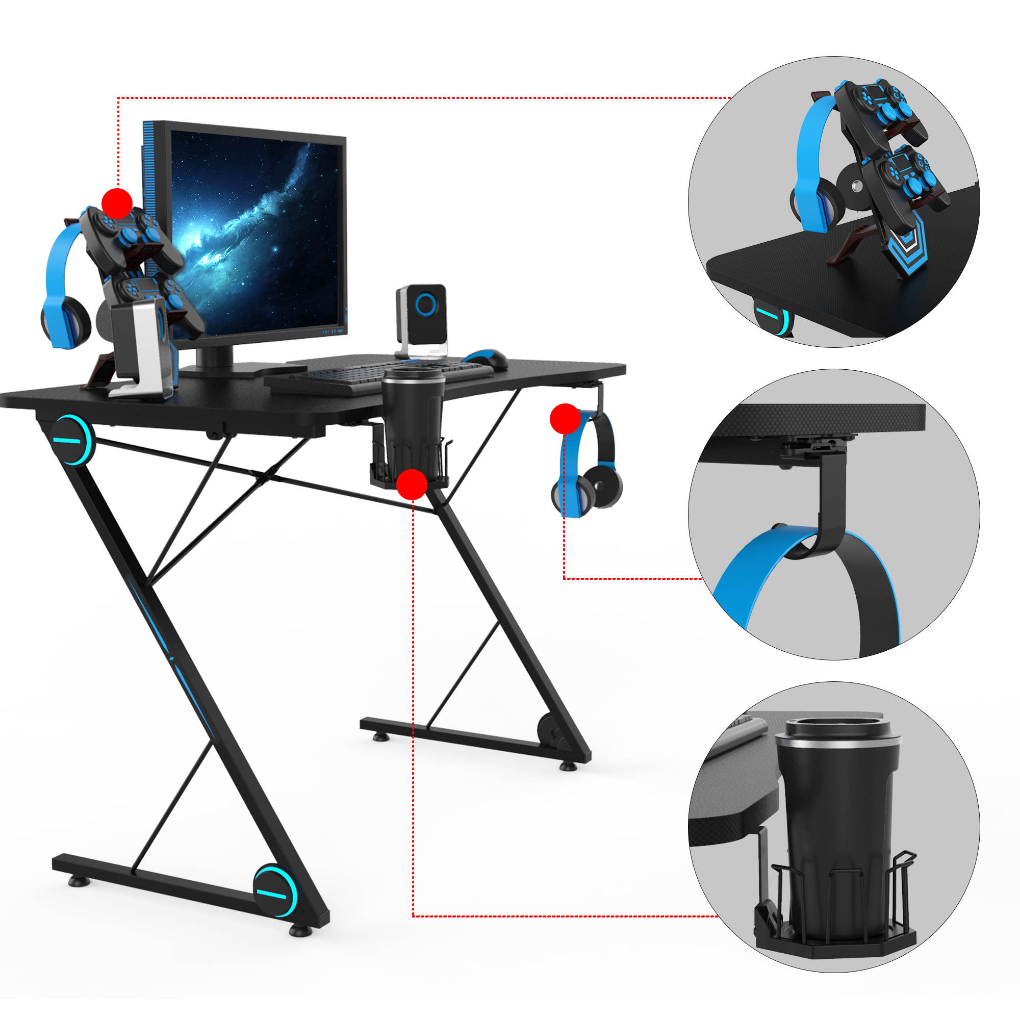 43.3'' Gaming Desk Z-Shaped Professional E-Sport Gamer Workstation Ergonomic PC Gaming Table Home Office Desk with LED Lights & Large Carbon Fiber Surface