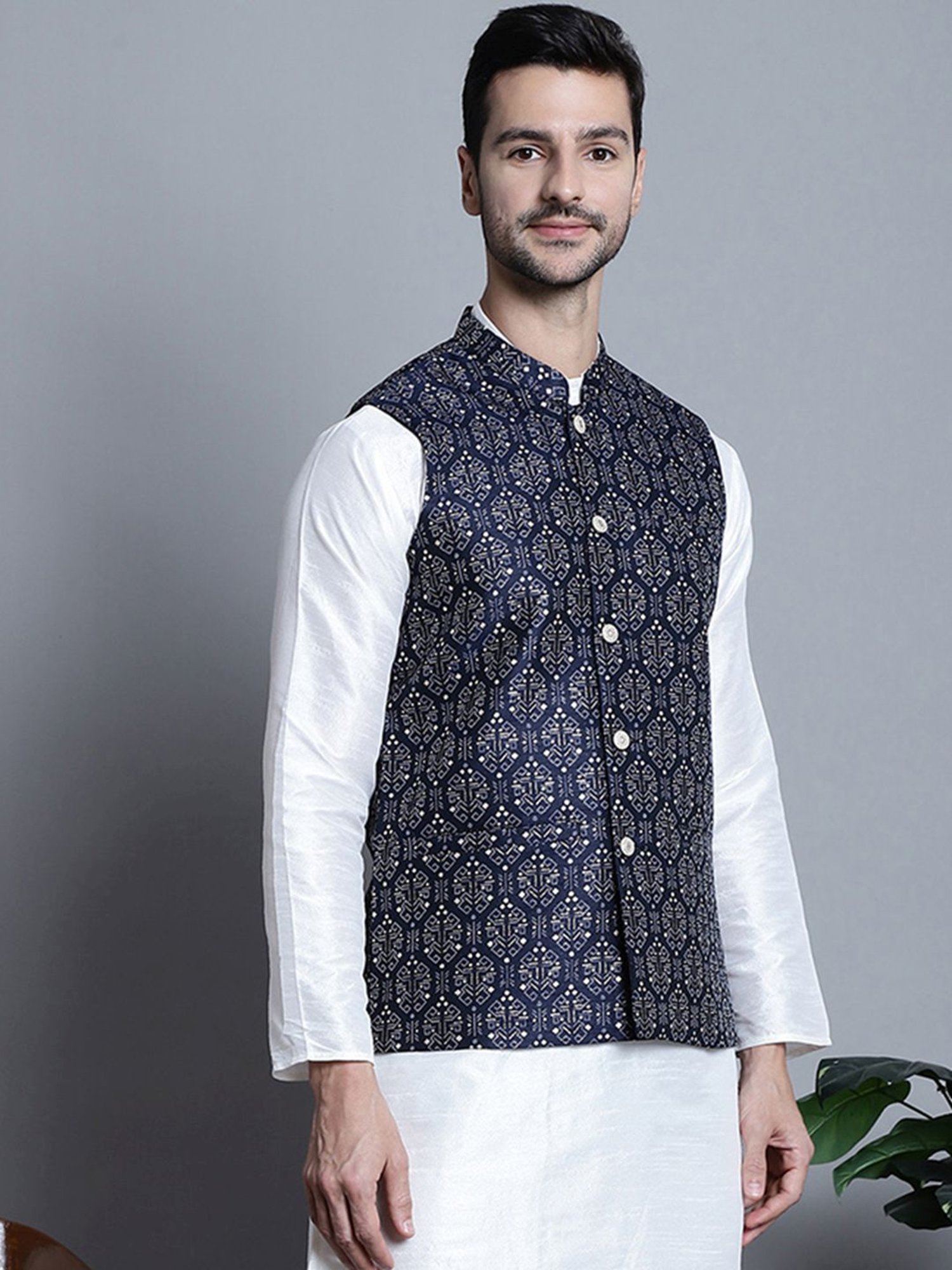 Jompers Navy  Regular Fit Printed Nehru Jacket