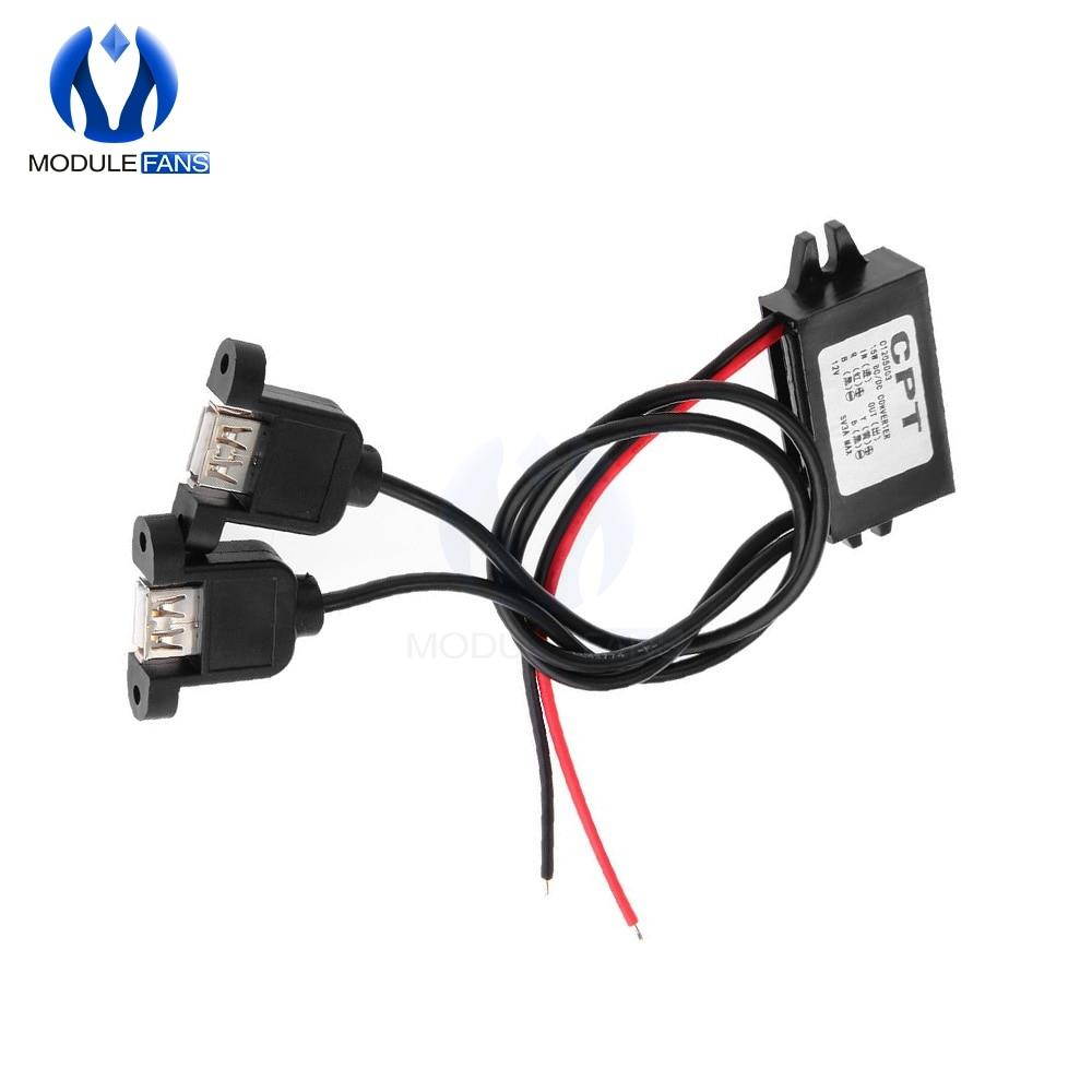 Dual 2 USB DC-DC 12V to 5V Max 3A Car Power Converter Module Cable Female Port Waterproof Step Down Converter