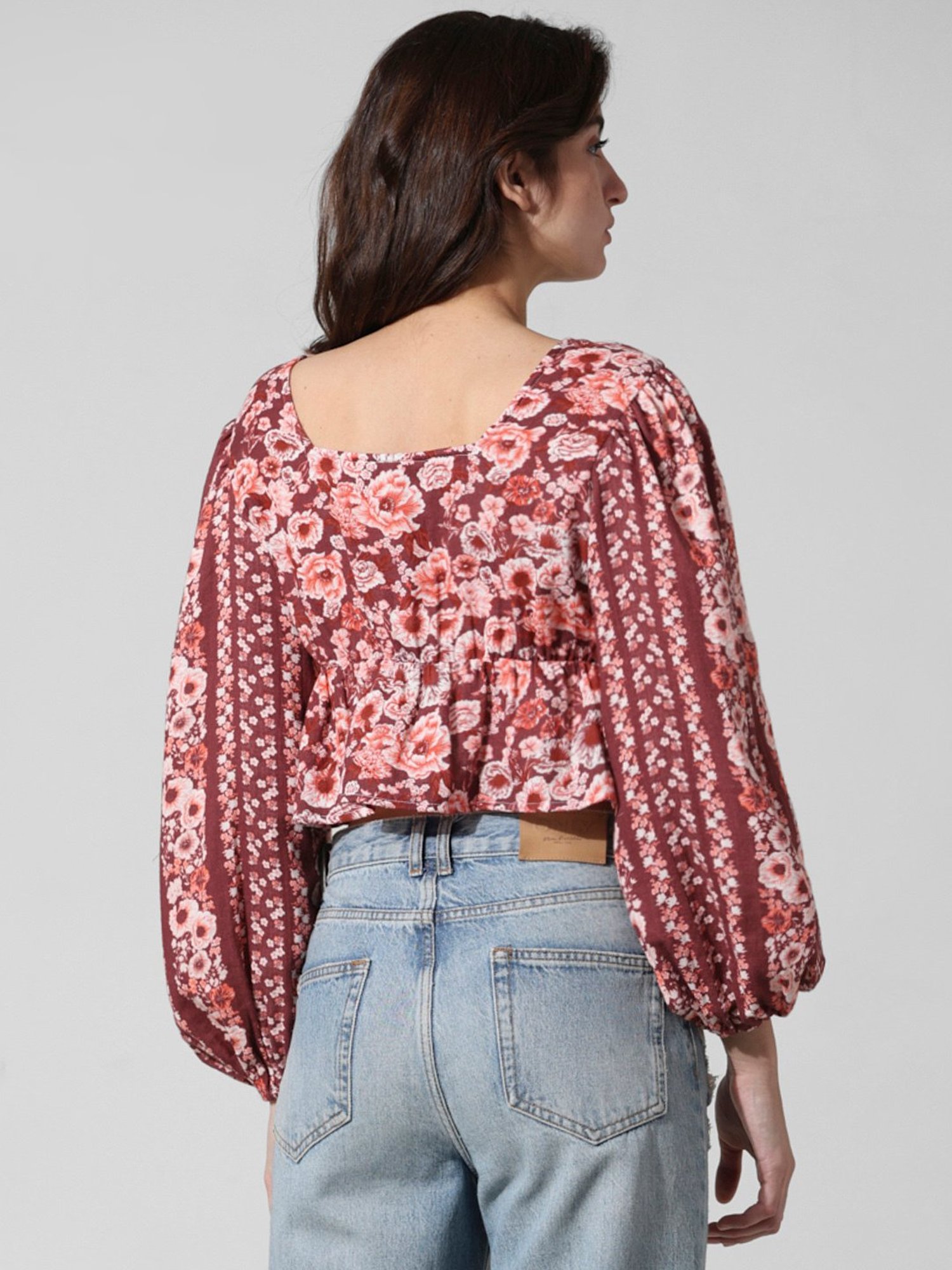 Only Maroon Cotton Floral Print Peplum Top