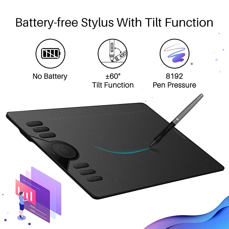 HS610 Graphics Drawing Tablet Android Devices Supported Tilt Function Battery-Free Stylus with 8192 Pen Pressure
