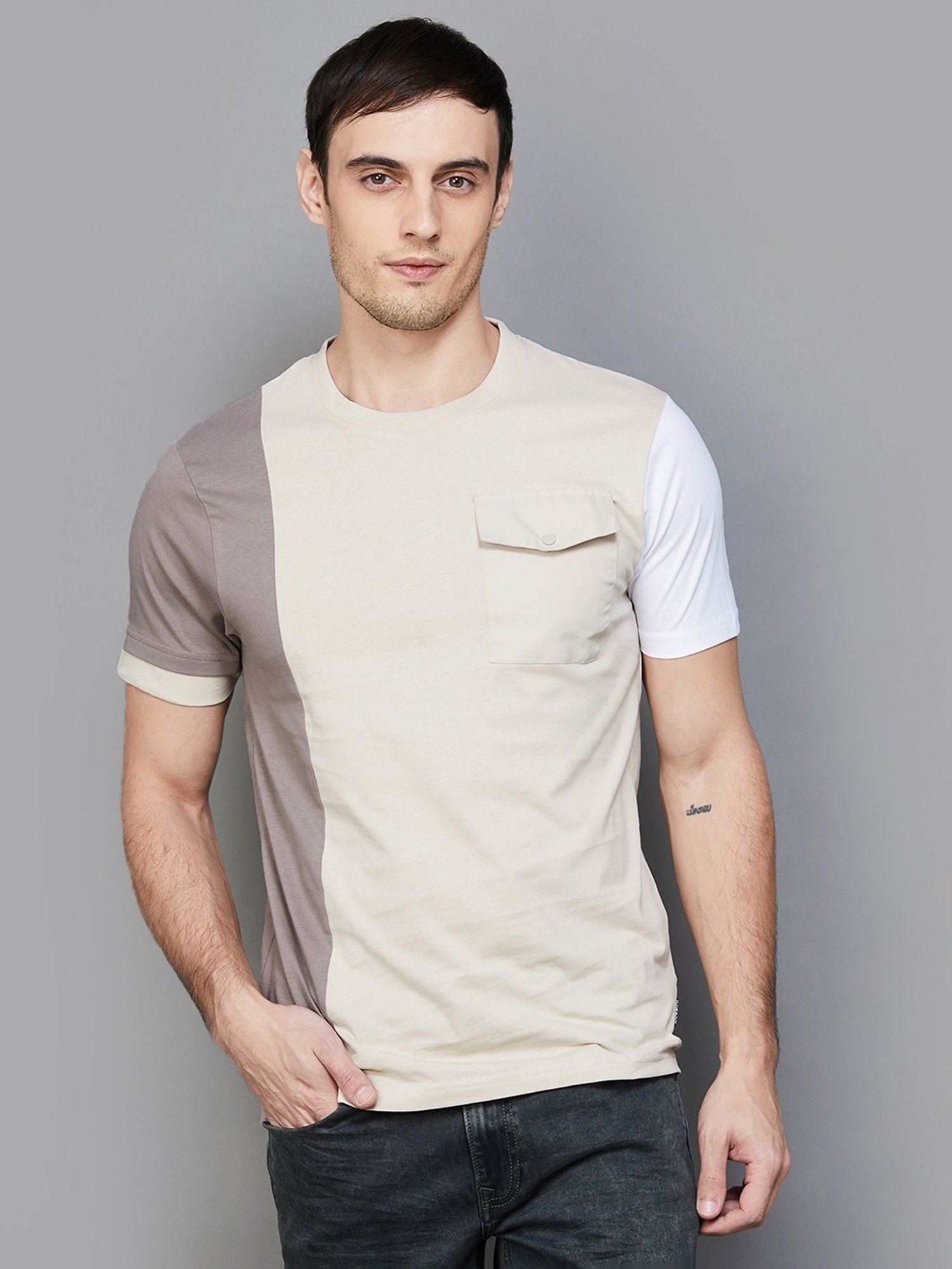 BOSSINI Beige Cotton Regular Fit Colour Block T-Shirt