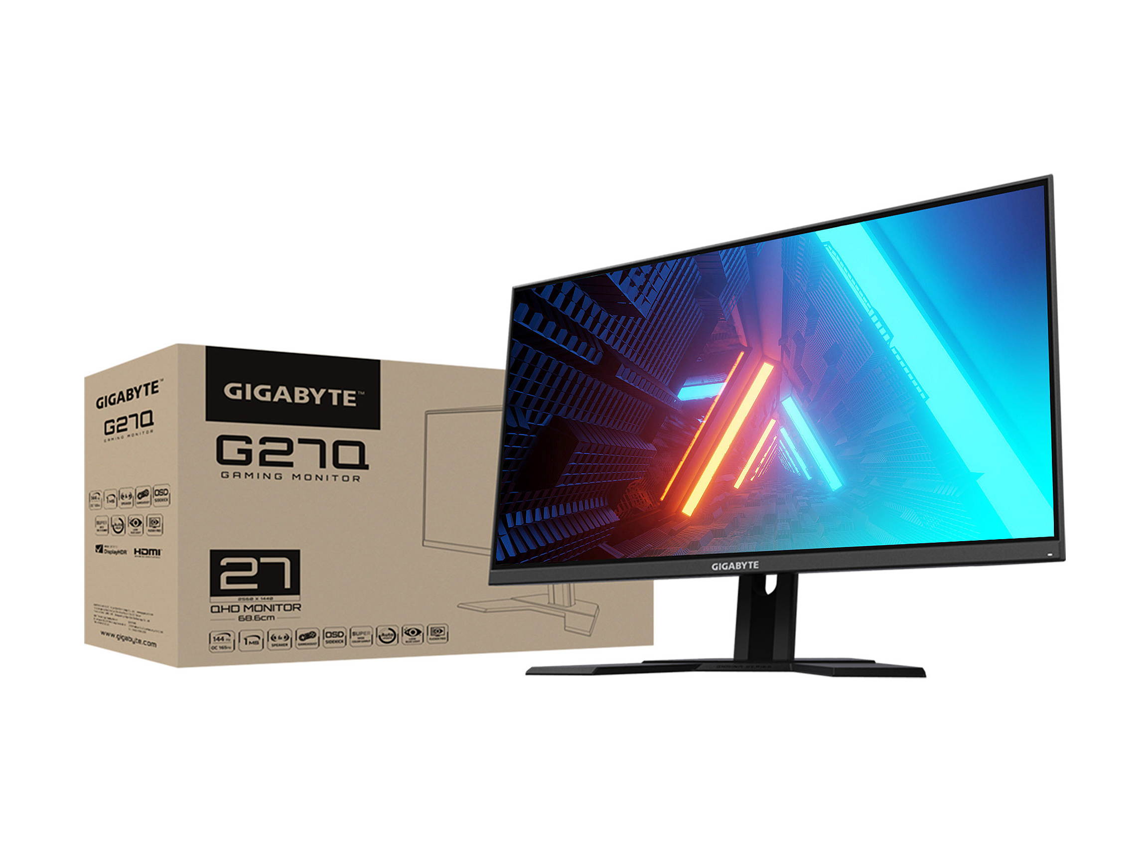 GIGABYTE G27Q 27" 144Hz 1440P Gaming Monitor, 2560 x 1440 IPS Display, 1ms (MPRT) Response Time, 92% DCI-P3, VESA Display HDR400, FreeSync Premium, 1x DisplayPort 1.2, 2x HDMI 2.0, 2x USB 3.0