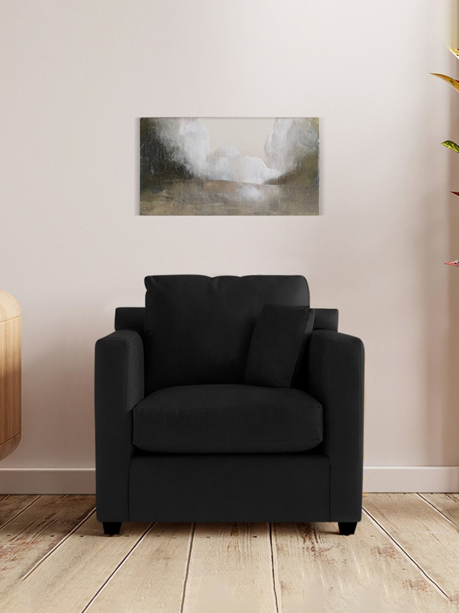 Trevi Olive Black Leather & Neem Wood 1 Seater Sofa