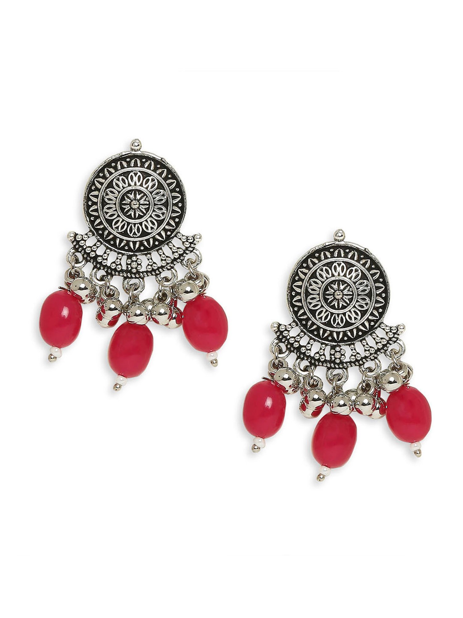 OOMPH Oxidized Silver Tone Maroon PinkJaipur Stone Choker Necklace Set with Drop Earrings