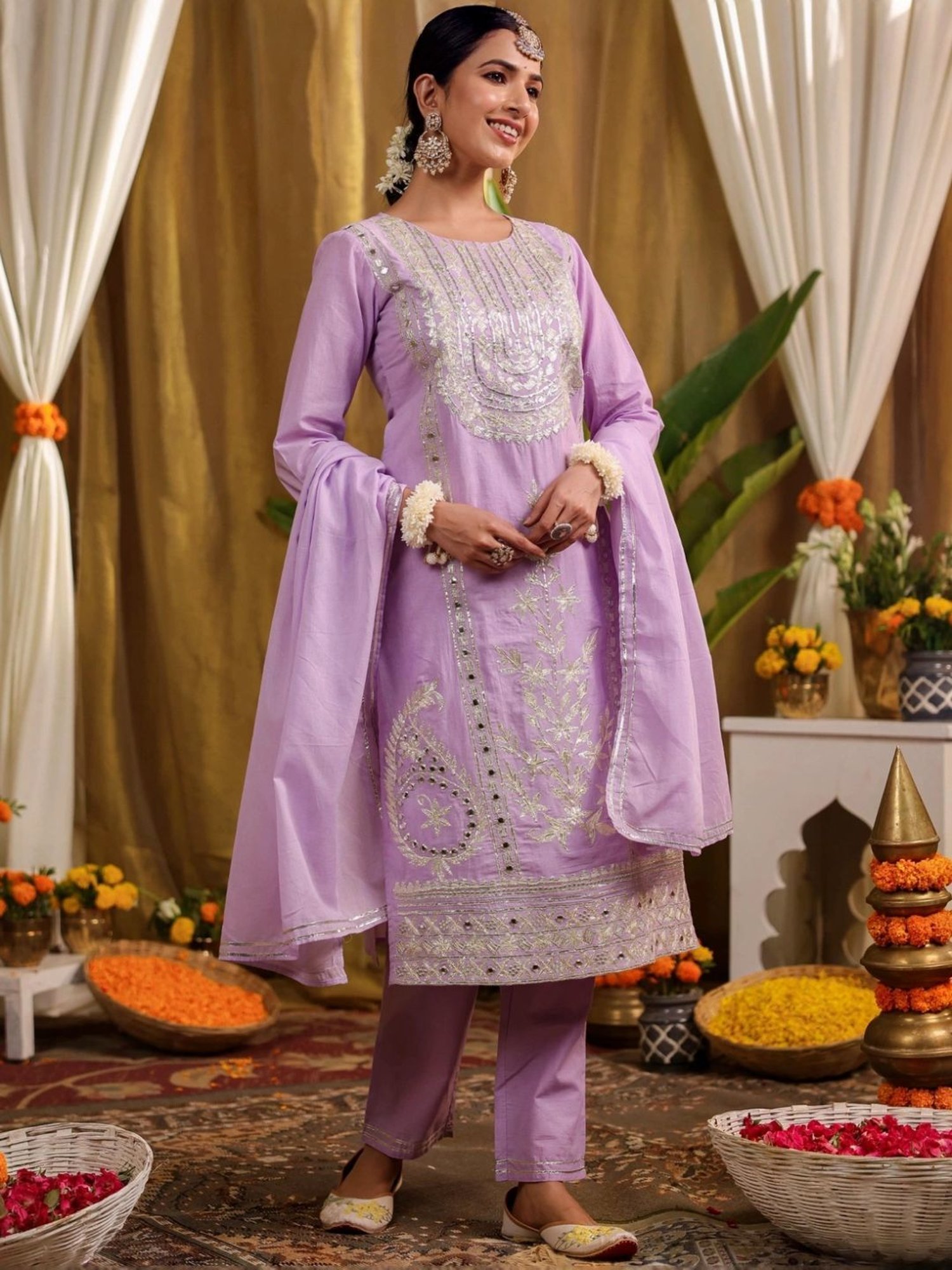 SCAKHI Lavender Cotton Gota & Mirror Work Kurta and Pant With Dupatta
