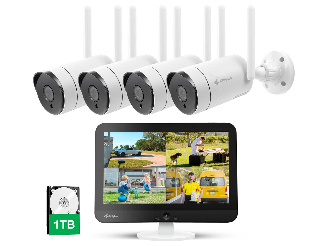 Kittyhok Outdoor Security Camera Wireless Security Camera System with 12 Inch LCD Monitor WiFi Surveillance Cameras 1TB HDD, 8 Channel NVR 4Pcs 3MP Pan/Zoom, 2 Way Audio/Remote View