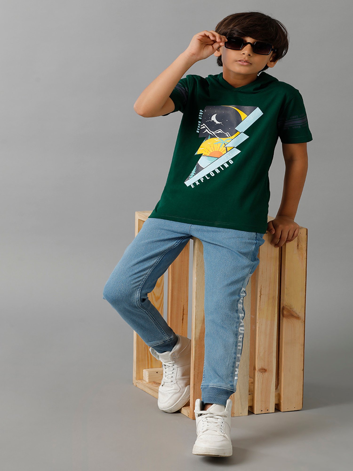 Under Fourteen Only Kids Green Printed T-Shirt