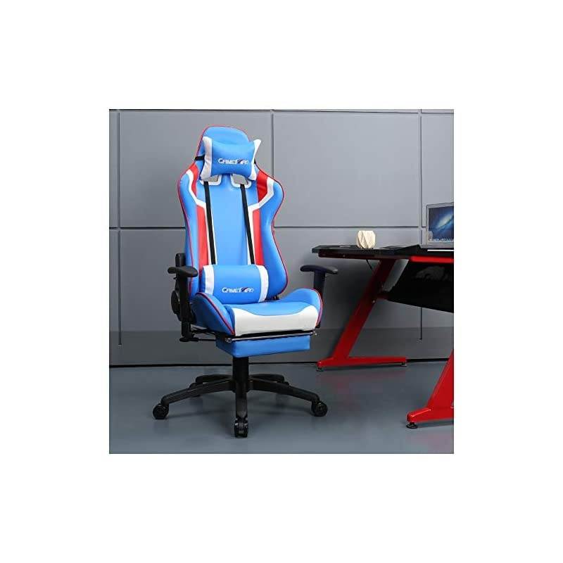 Back PU Leather Swivel Gaming Chair with Adjustable Lumbar Support Headrest Footrest Video Game Chair Racing Office Chair (Bule)