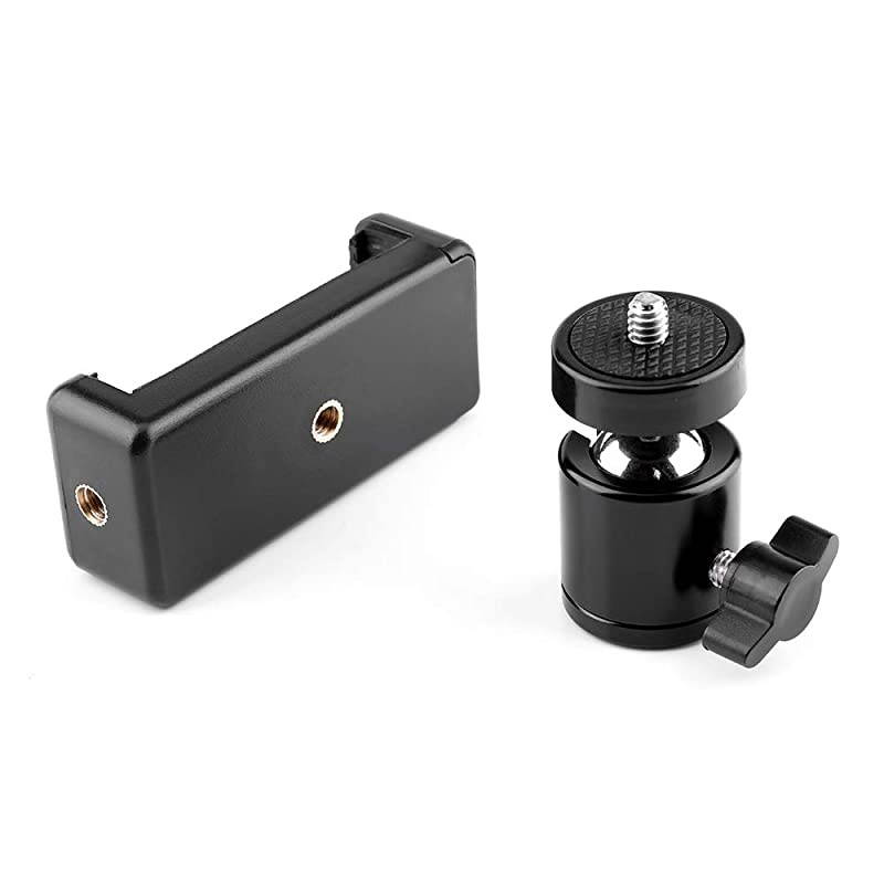 Phone Holder Clip and Ball Head Adapter Set for Tripod and Selfie Stick with 14 Screw Universal Tripod Mount Camera Tripod Ball Head 360 Degree Swivel Phone Tripod Mount Set
